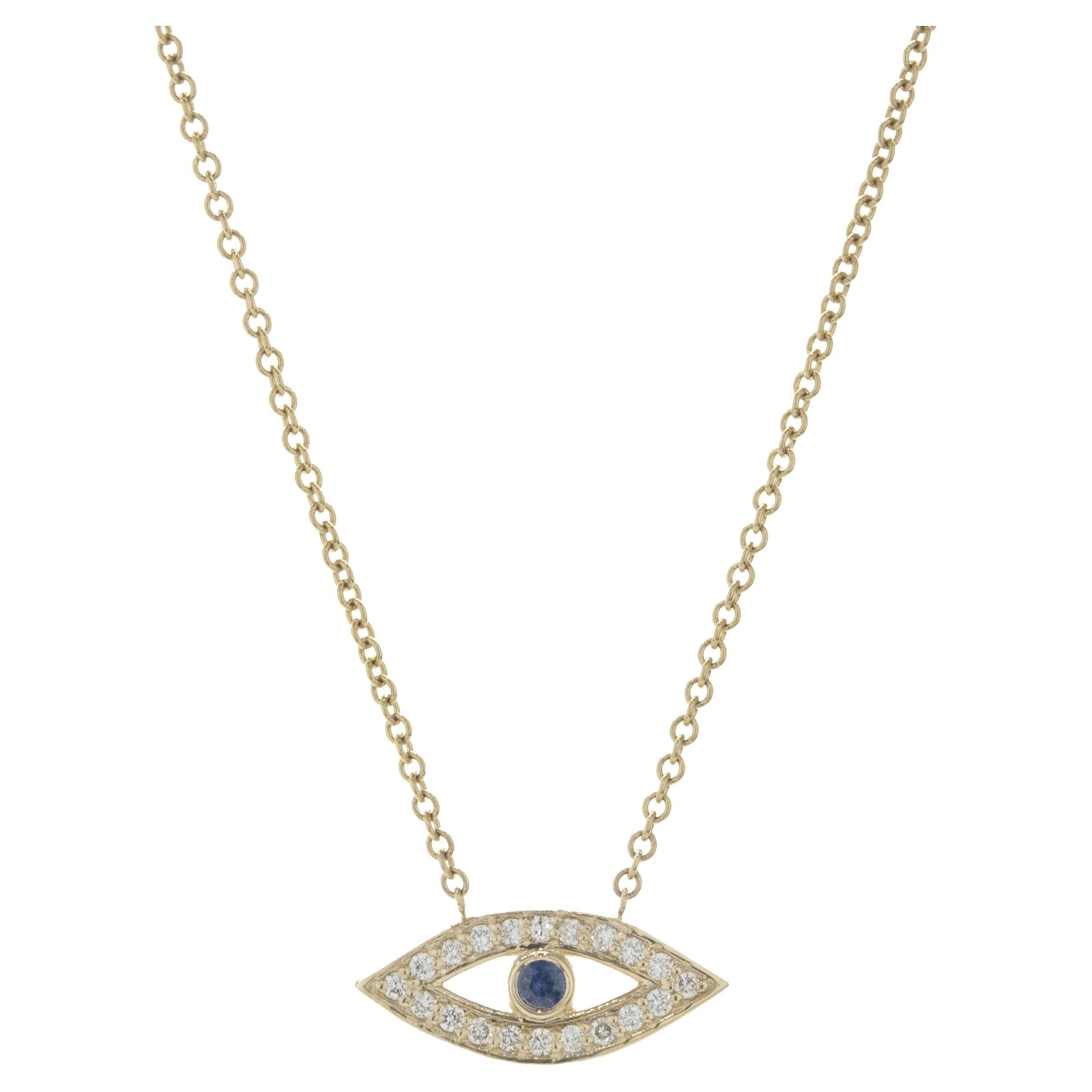 Halskette aus 14 Karat Gelbgold mit Diamanten und Saphiren für Evil Eye im Angebot