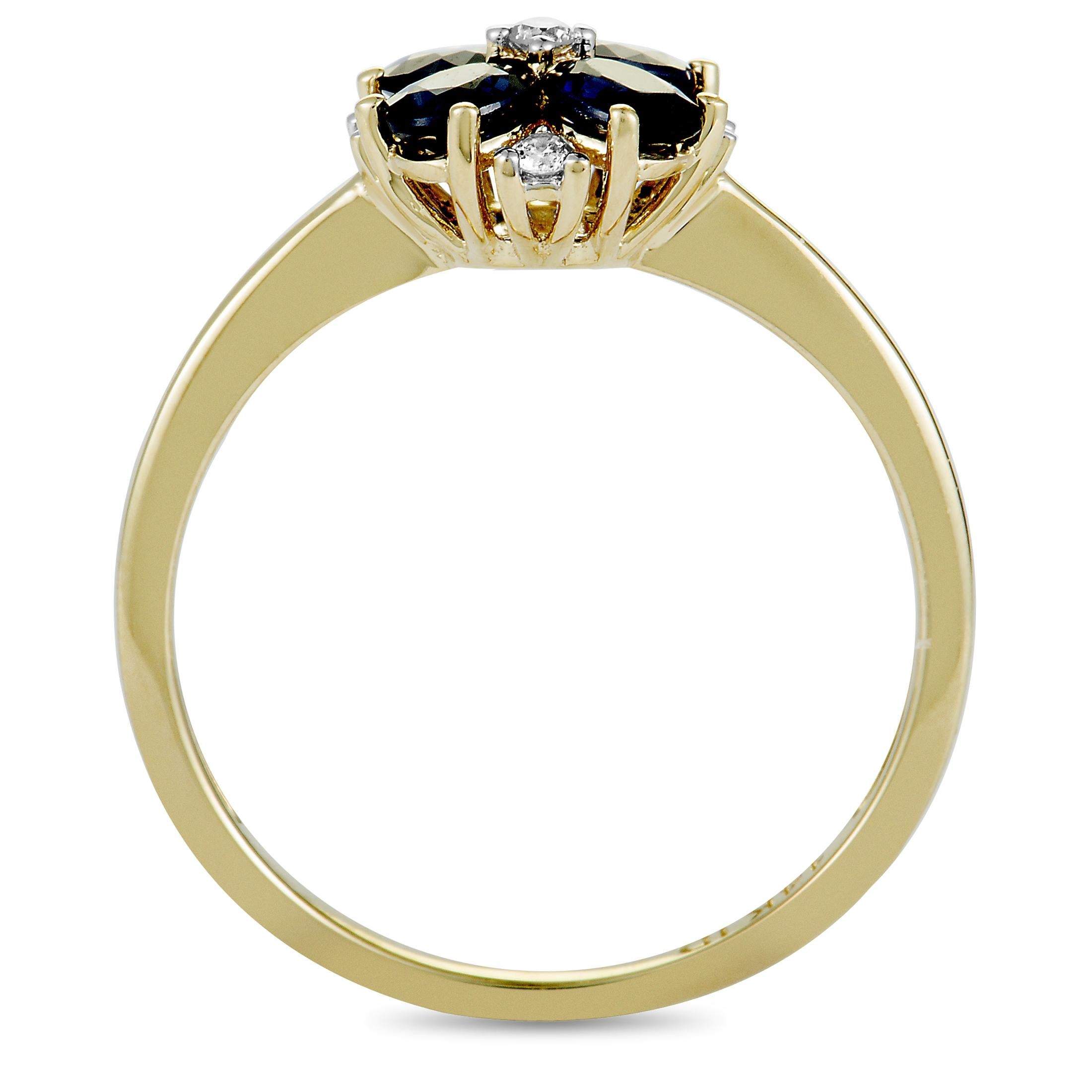 This ring is made of 14K yellow gold and weighs 2 grams. It is set with sapphires and a total of 0.08 carats of diamonds. The ring boasts band thickness of 1 mm and top height of 5 mm, with top dimensions measuring 9 by 8 mm.
 
 Offered in brand new