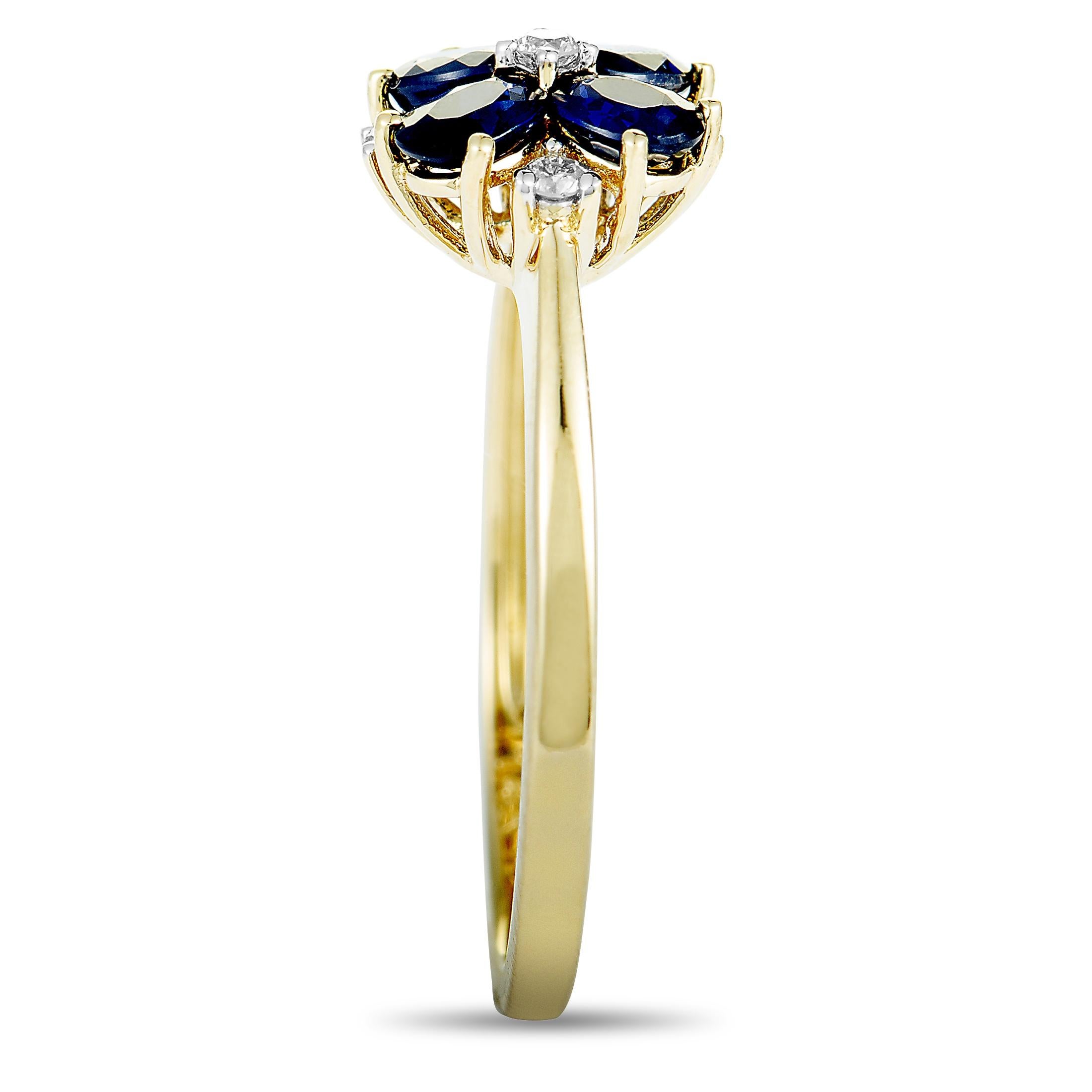 Round Cut 14 Karat Yellow Gold Diamond and Sapphire Flower Ring