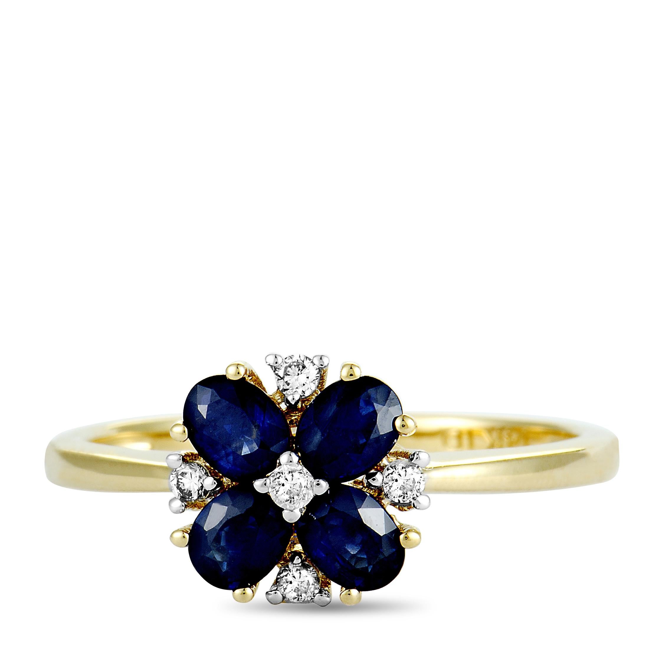Women's 14 Karat Yellow Gold Diamond and Sapphire Flower Ring