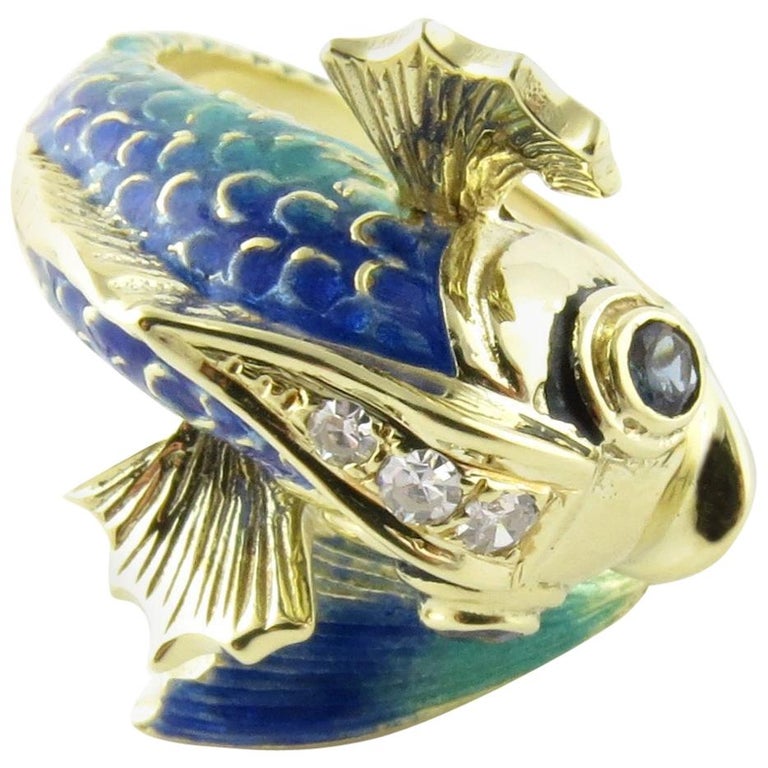 14 Karat Yellow Gold, Diamond and Sapphire Mahi Mahi Fish Ring at 1stDibs