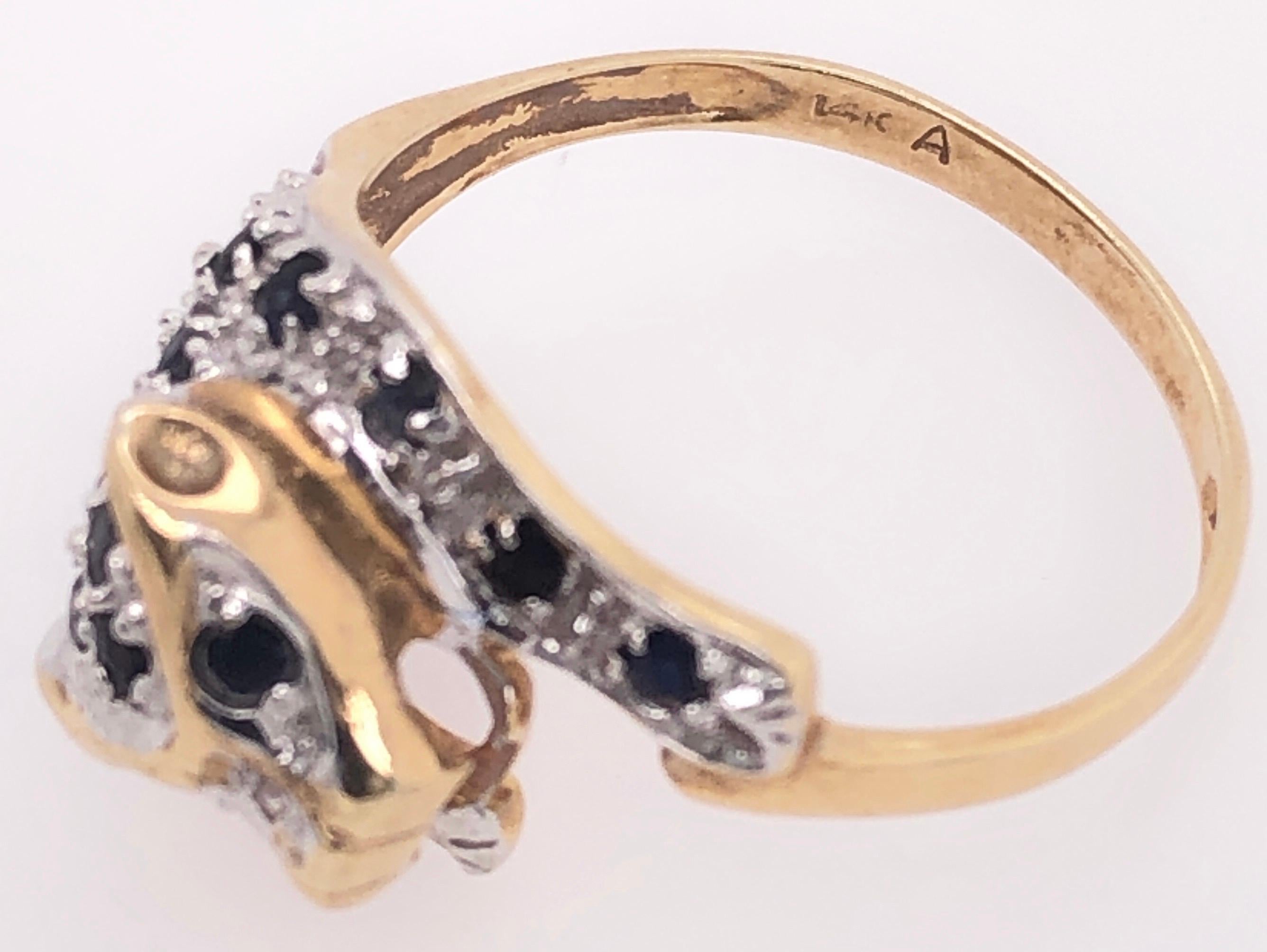 Round Cut 14 Karat Yellow Gold Panther Ring Diamond and Sapphire 
