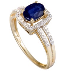 14 Karat Yellow Gold Diamond and Sapphire Small Rectangle Ring
