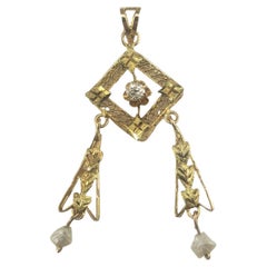 14 Karat Yellow Gold, Diamond and Seed Pearl Pendant #16768