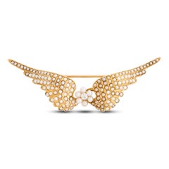 14 Karat Yellow Gold Diamond and Seed Pearl Wings Pin