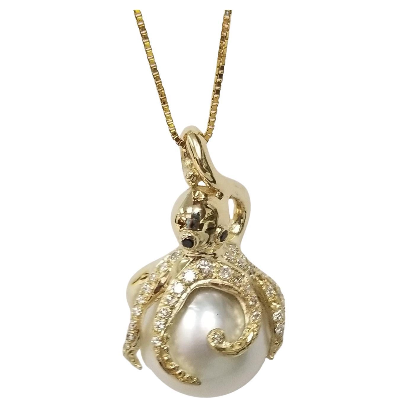 14 Karat Yellow Gold Diamond and South Sea Pearl "Octopus" Necklace