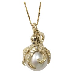 Collier octopus en or jaune 14 carats, diamant et perle des mers du Sud