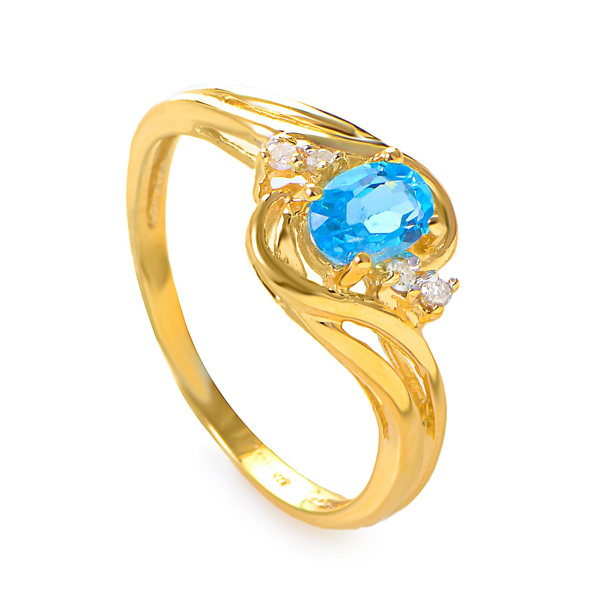 This ring is simple yet colorful. The ring is made of 14K yellow gold and has a glamorous ~.80CT topaz gemstone with an additional ~.04CT diamond
