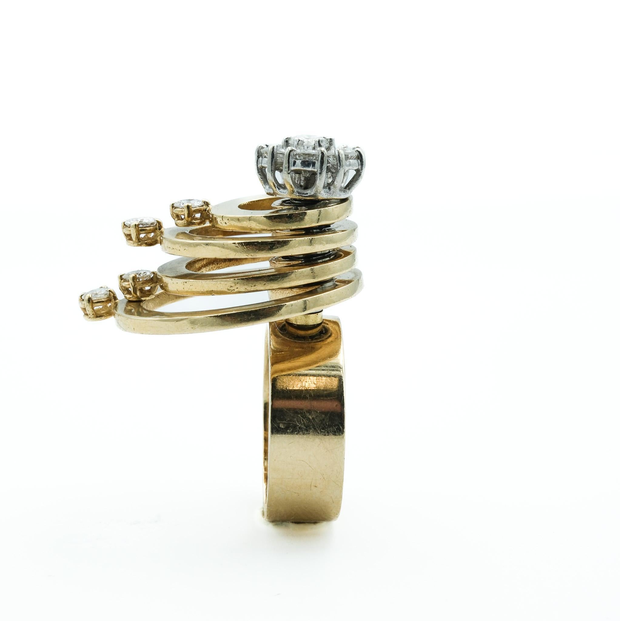 Retro Gegliederter Retro-Ring aus 14 Karat Gelbgold mit Diamant-Cluster und Spinner (Rundschliff)