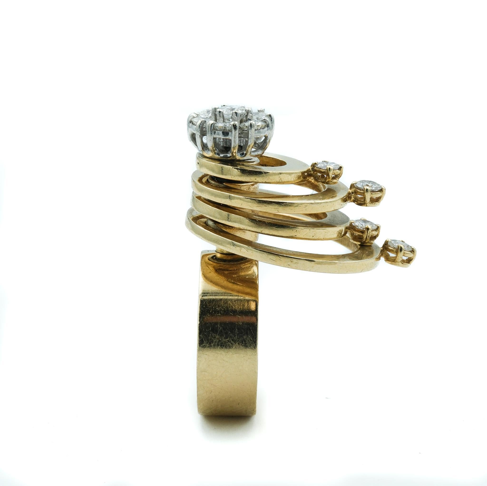 Round Cut Retro Articulated 14 Karat Yellow Gold Diamond Cluster Spinner Ring