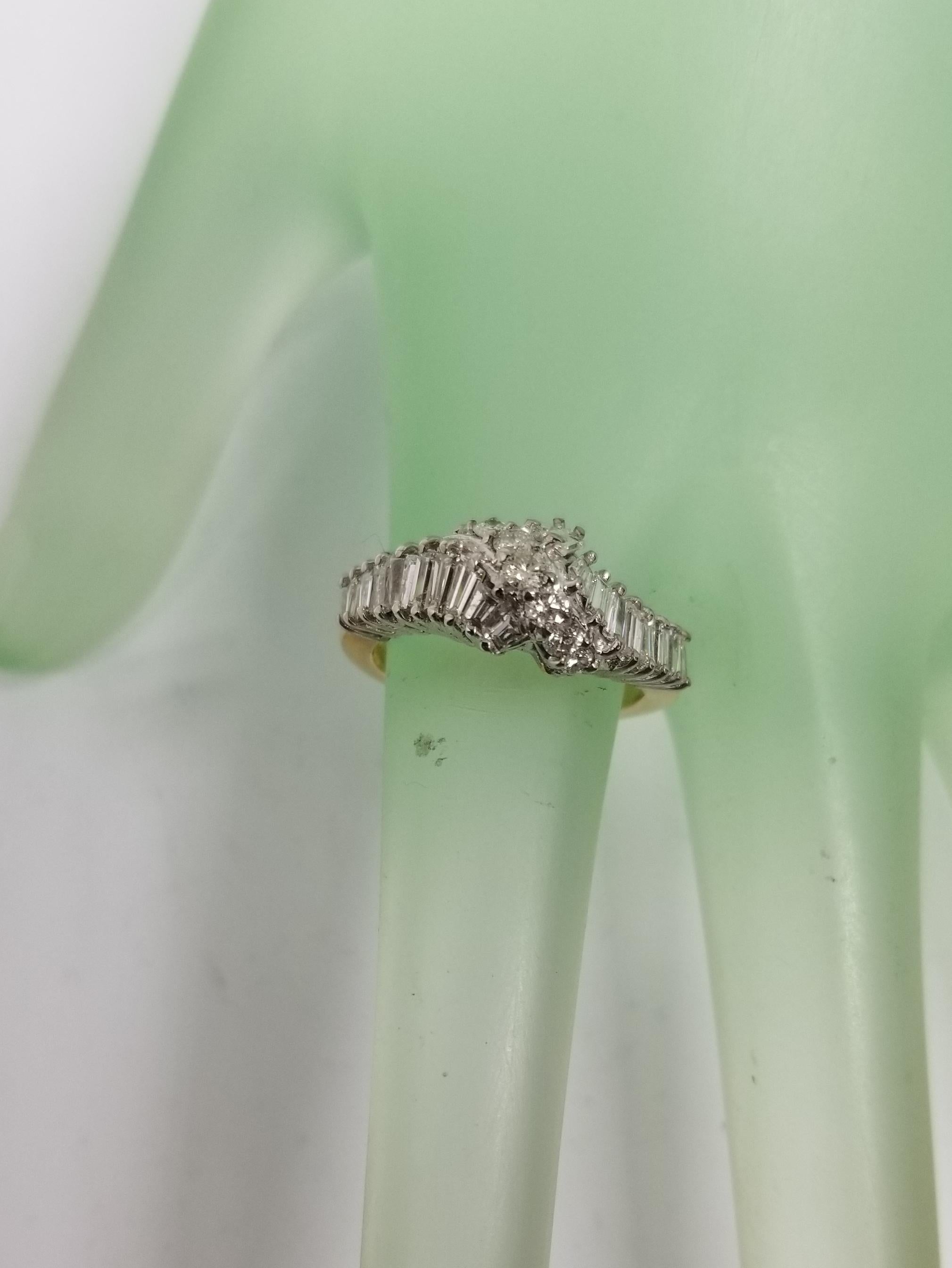 Women's 14 Karat Yellow Gold Diamond Baguette and Round Set Ring For Sale