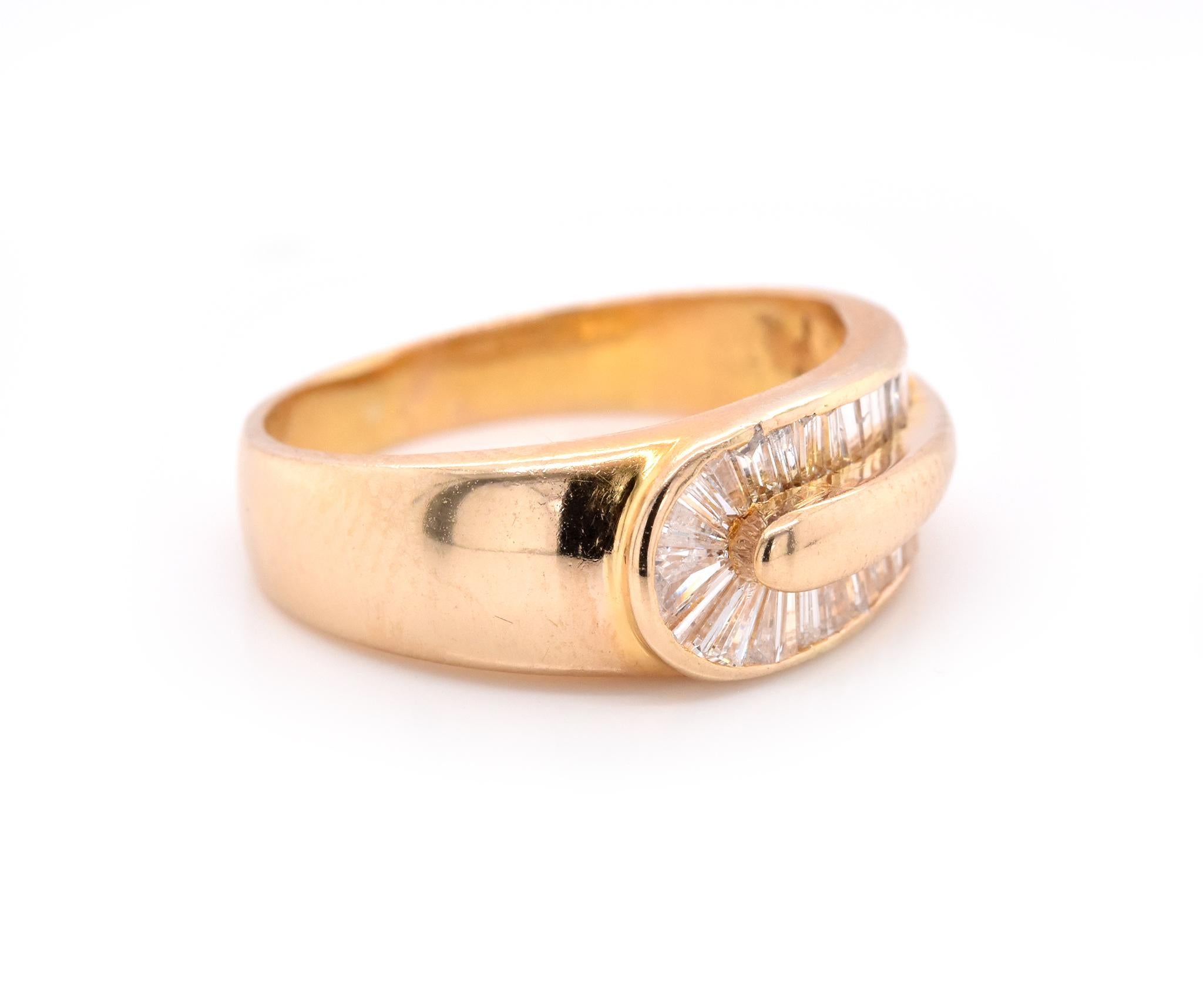 Designer: custom 
Material: 14K yellow
Diamonds: 31 baguette cut = .40cttw
Color: H
Clarity: SI
Ring Size: 5
Dimensions: ring is 3.7mm wide
Weight: 3.95 grams
