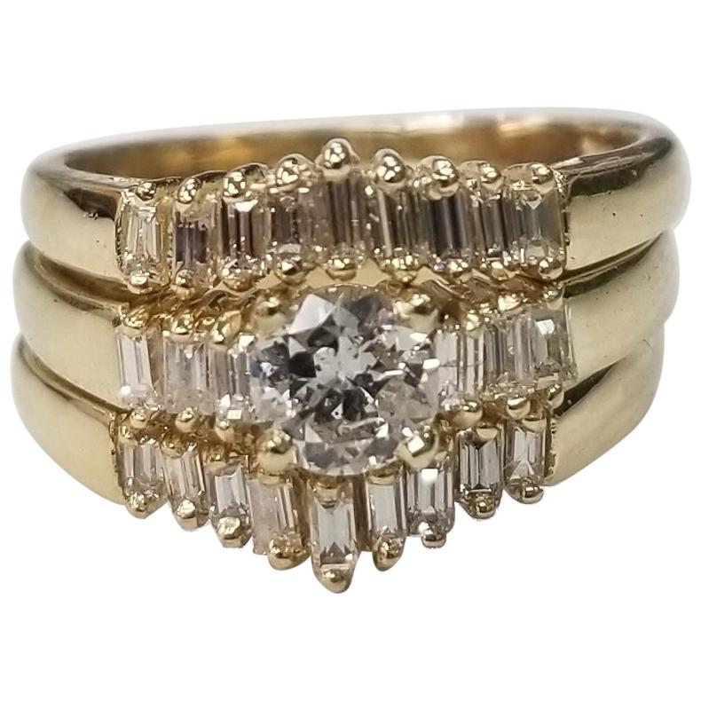 14 Karat Yellow Gold Diamond Baguette Ring with 2 Guard Rings For Sale