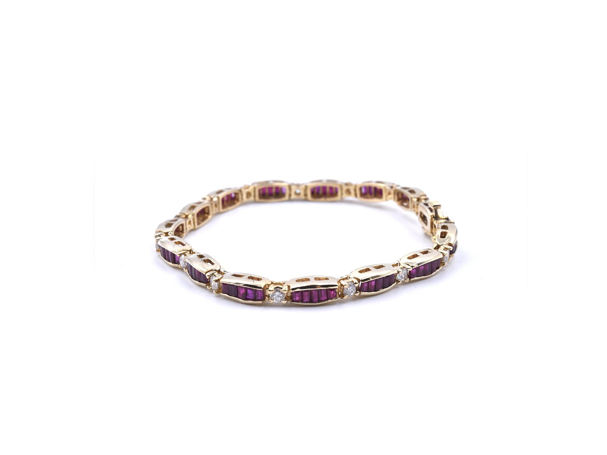 14 Karat Yellow Gold Diamond Baguette Ruby Tennis Bracelet In Excellent Condition In Scottsdale, AZ