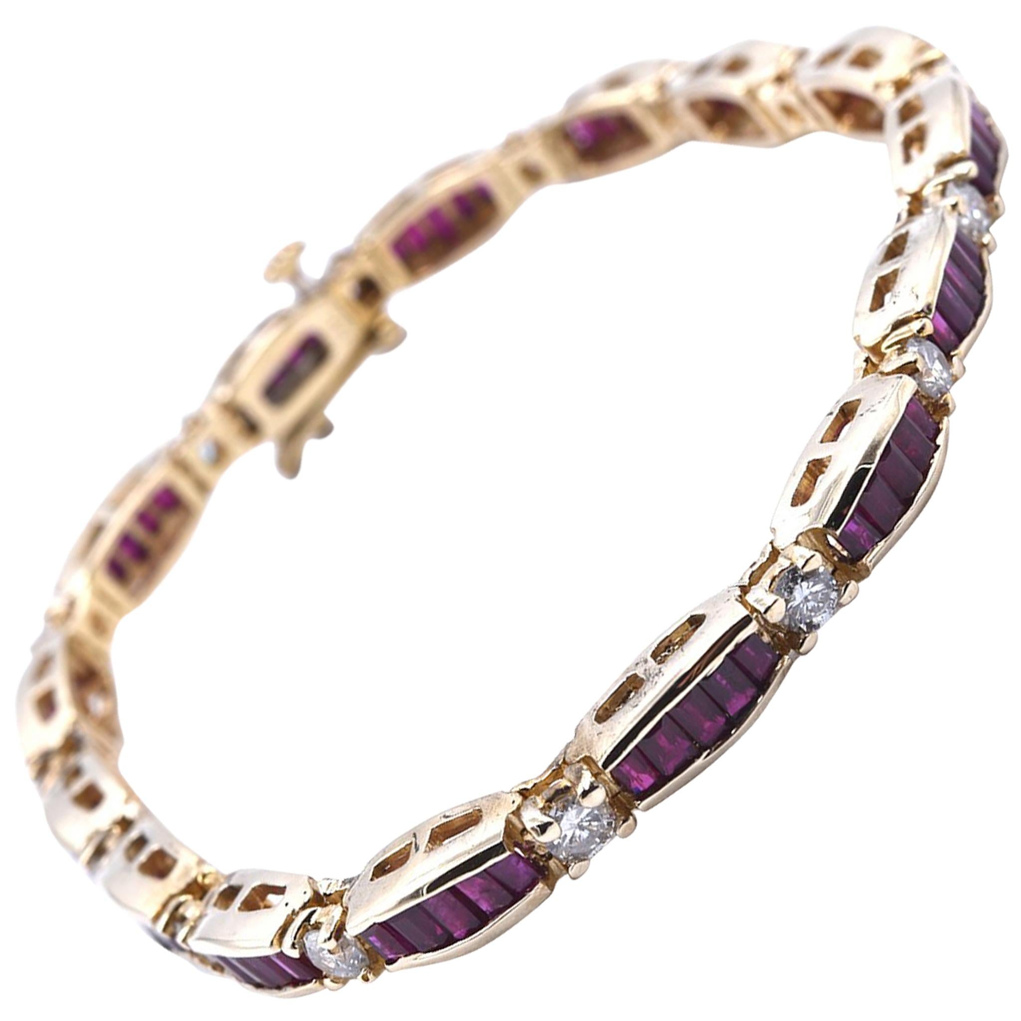 14 Karat Yellow Gold Diamond Baguette Ruby Tennis Bracelet