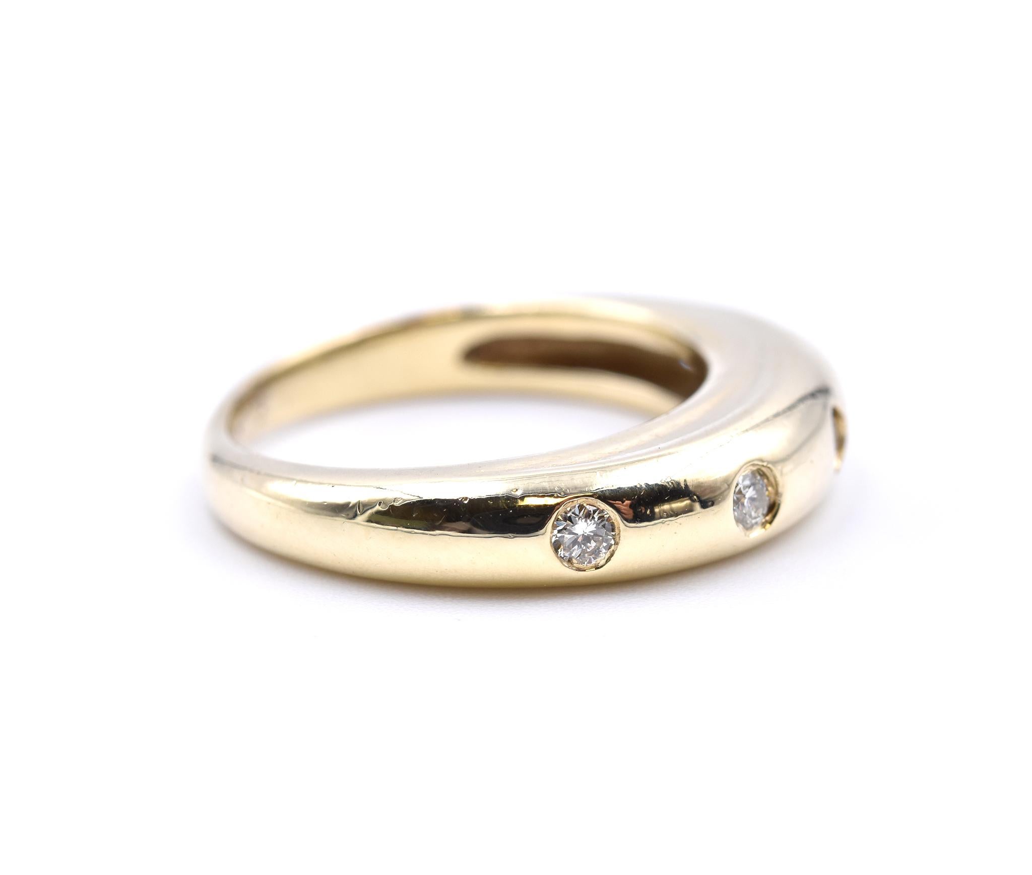 Material: 14K yellow gold 
Diamonds: 5 round brilliant cut = .25cttw
Color: H
Clarity: SI1
Ring Size: 5 (please allow up to 2 additional business days for sizing requests)
Dimensions: ring measures 4.6mm wide
Weight: 5.15 grams

