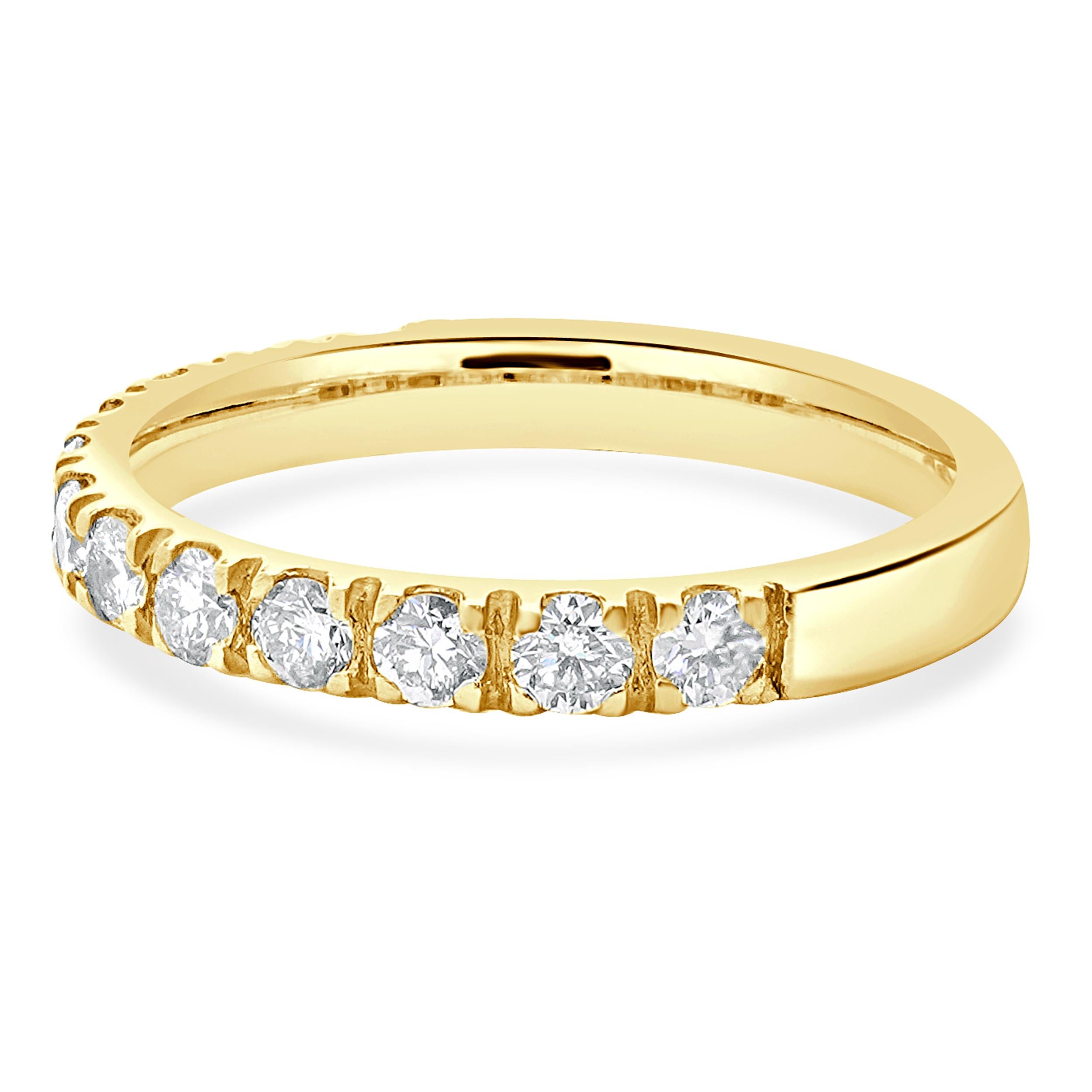 Designer: custom
Material: 14K yellow gold
Diamond:  round brilliant cut = 0.72cttw
Color: G
Clarity: SI1
Ring size: 6.75 (please allow two additional shipping days for sizing requests)
Weight: 2.78 grams