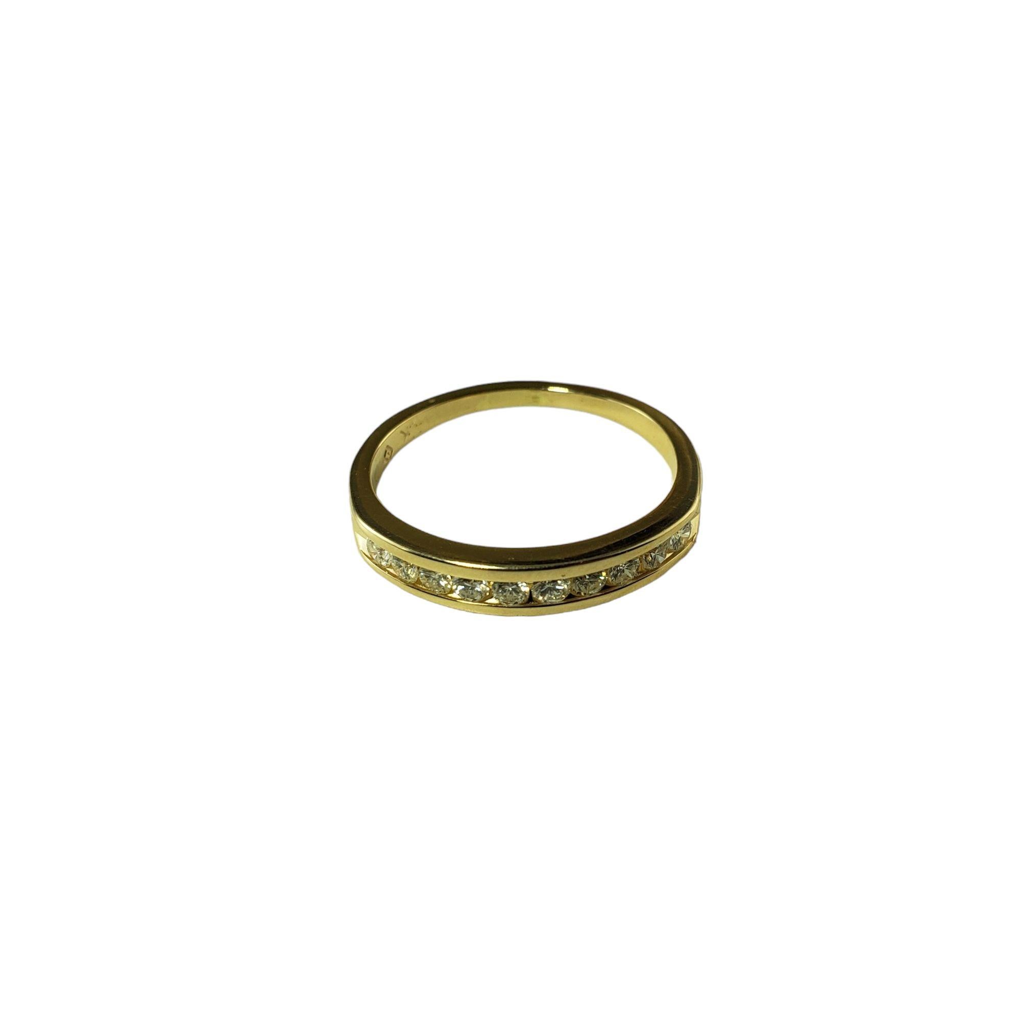 Vintage 14 Karat Yellow Gold and Diamond Band Ring Size 5.5-

This sparkling band features 10 round brilliant cut diamonds set in classic 14K  yellow gold.  Width: 3 mm.  Shank: 1.5 mm.

Approximate total diamond weight:  .30 ct.

Diamond color: 