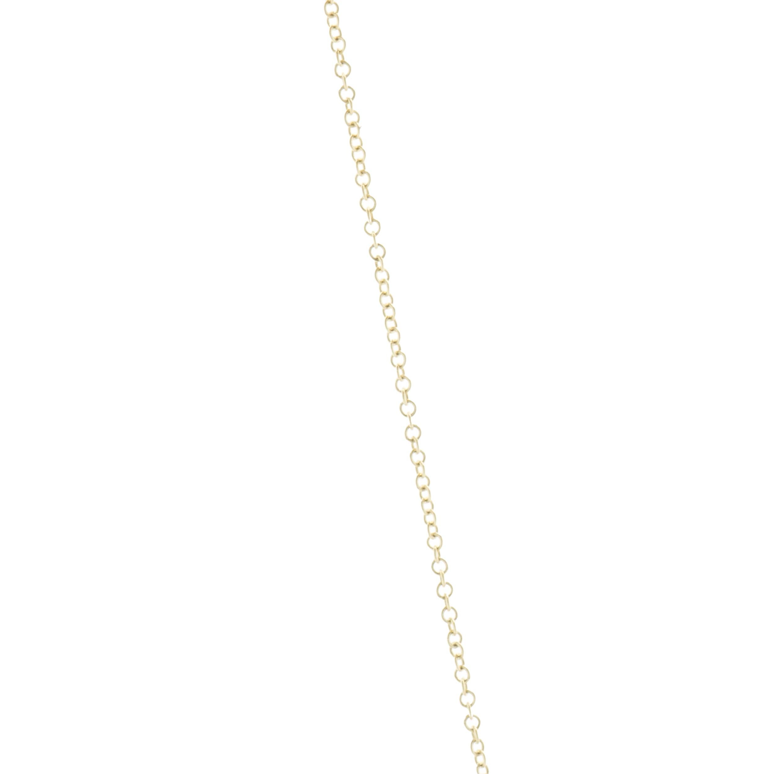 Designer: custom
Material: 14K yellow gold
Diamonds: 37 round brilliant cut = 0.28cttw
Color: G
Clarity: VS1-2
Weight: 2.28 grams
Dimensions: necklace measures 16-inches long