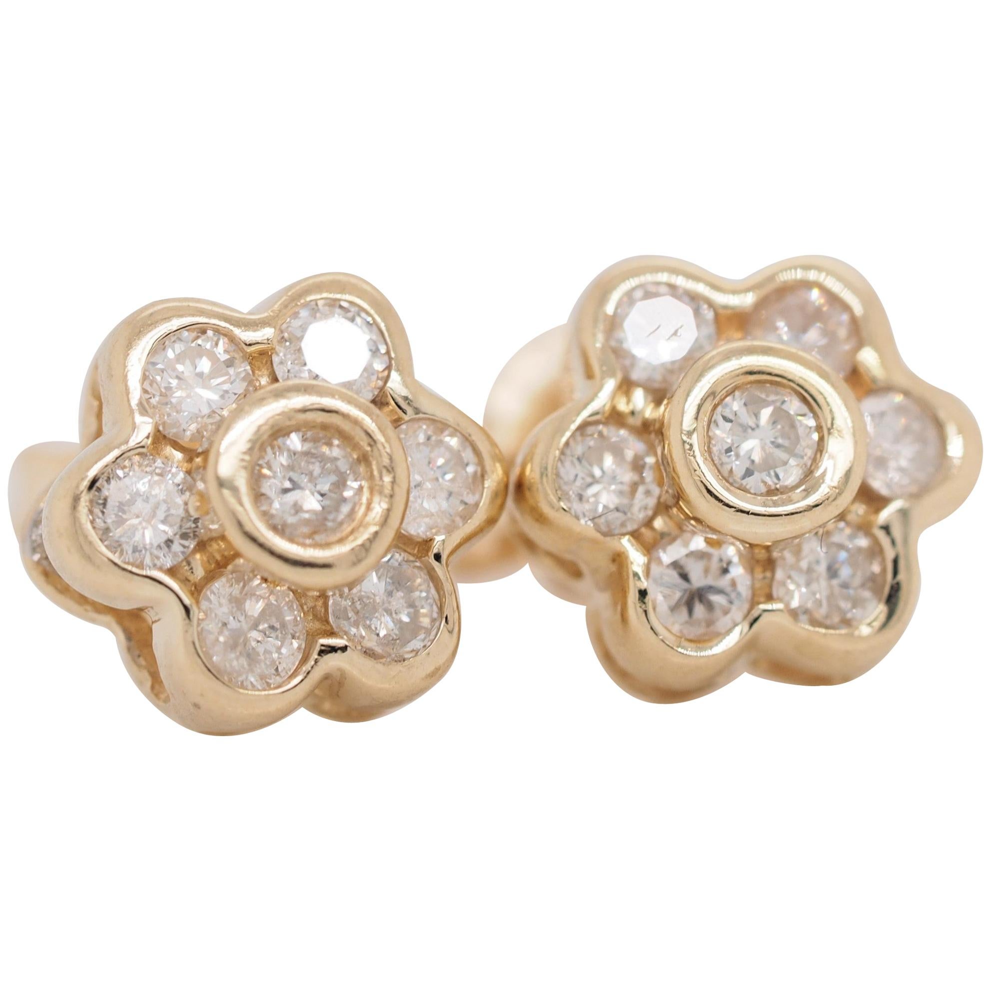 14 Karat Yellow Gold Diamond Bezel Set Flower Stud Earrings
