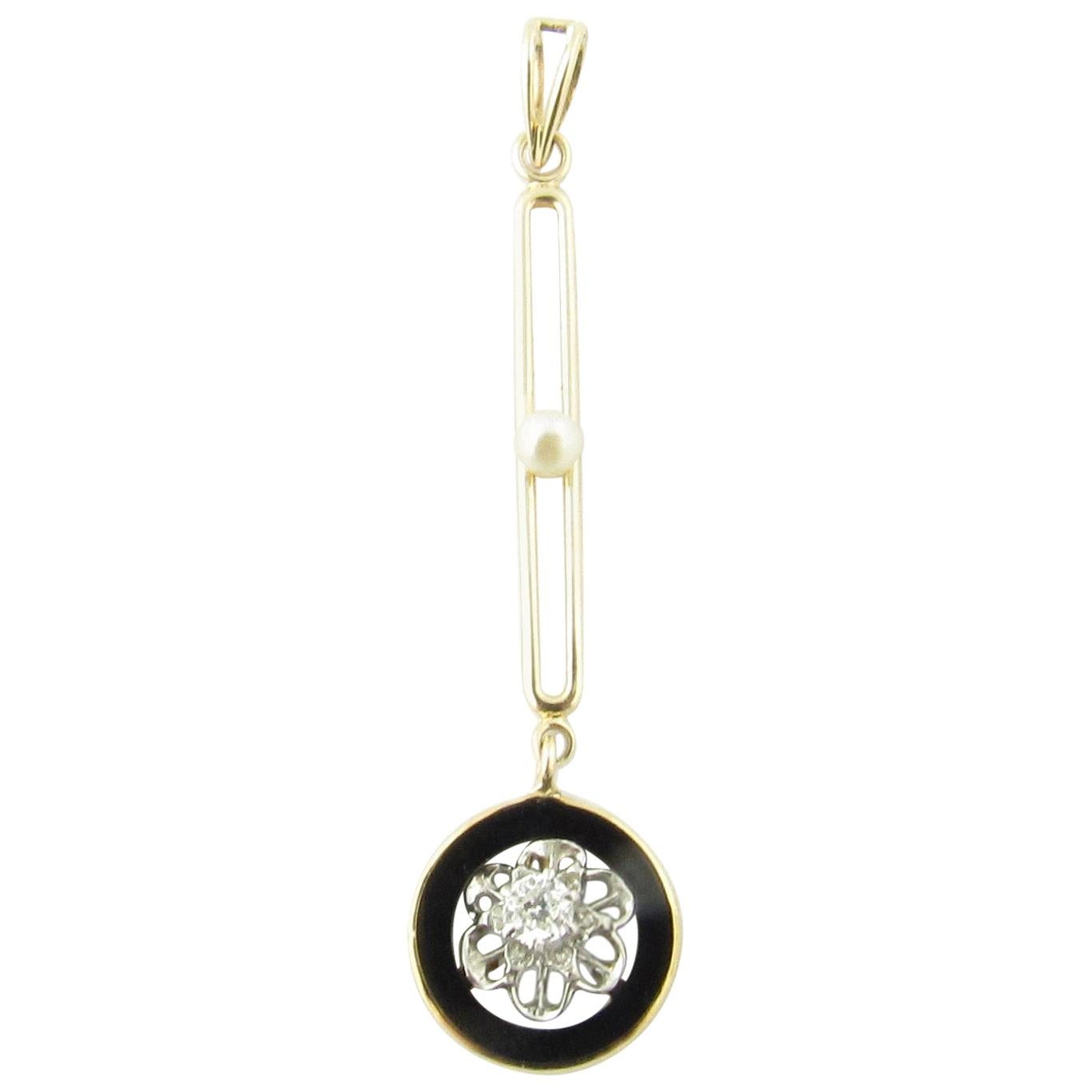 14 Karat Yellow Gold Diamond, Black Onyx and Pearl Pendant For Sale