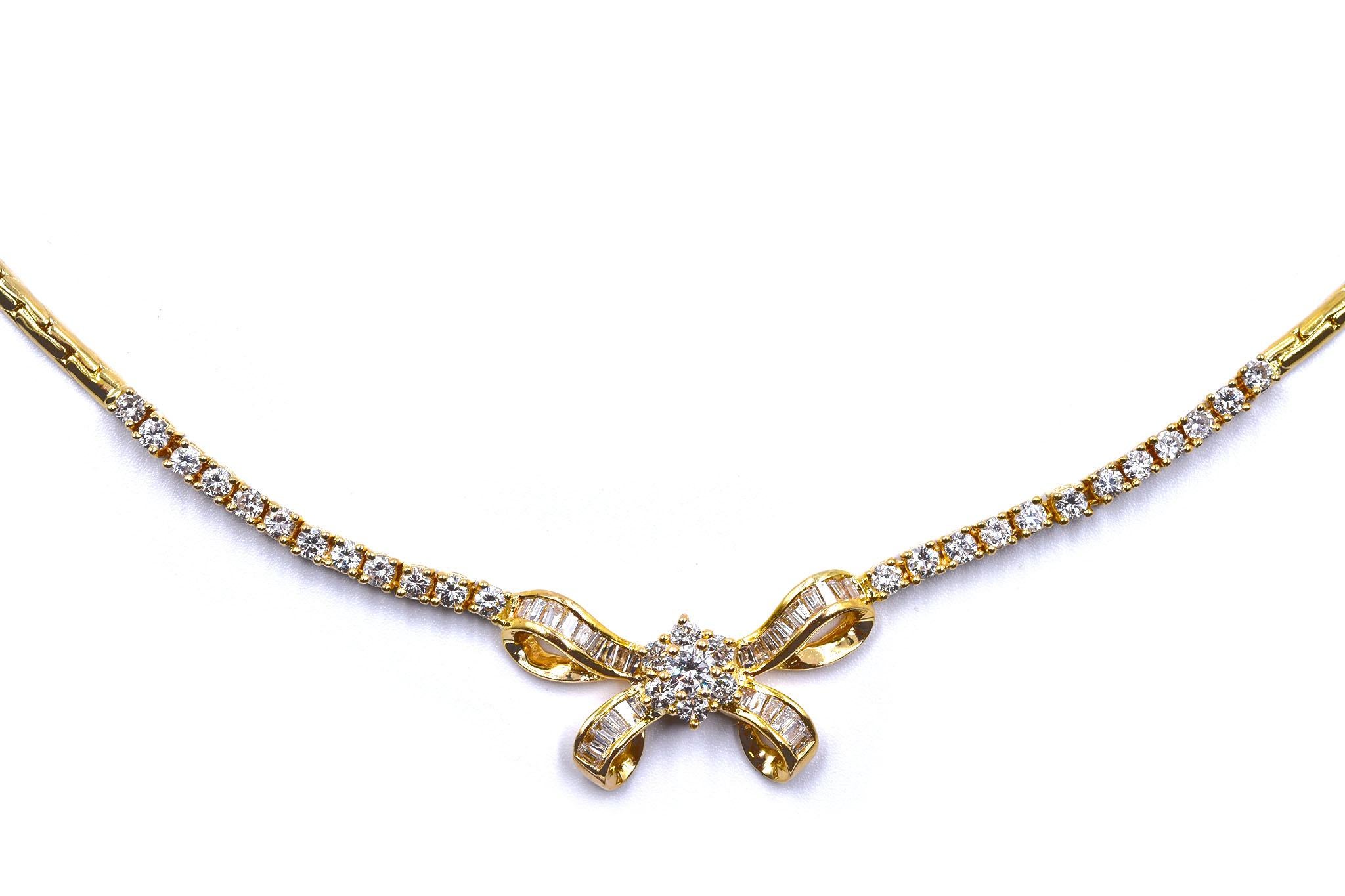 Designer: custom
Material: 14K yellow gold
Diamonds: round & baguette cut = 1.46cttw
Color: G
Clarity: VS1-2
Dimensions: necklace measures 16-inches in length 
Weight: 21.80 grams
