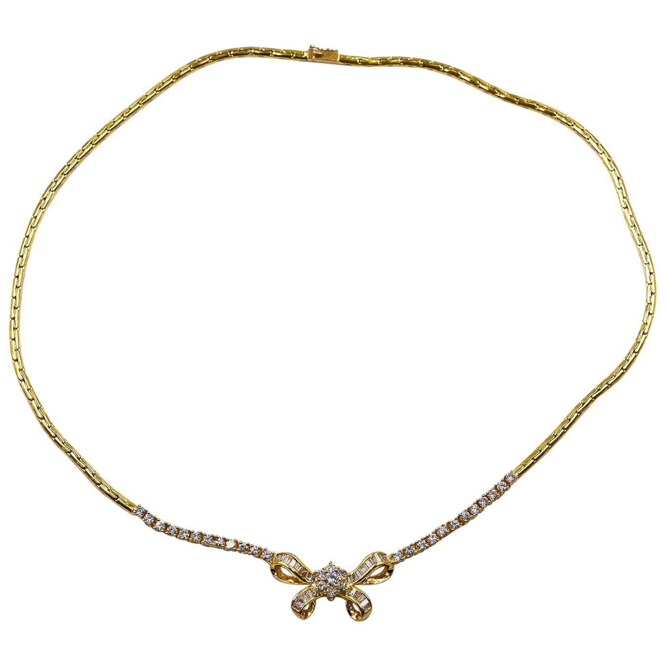 14 Karat Yellow Gold Diamond Bow Necklace