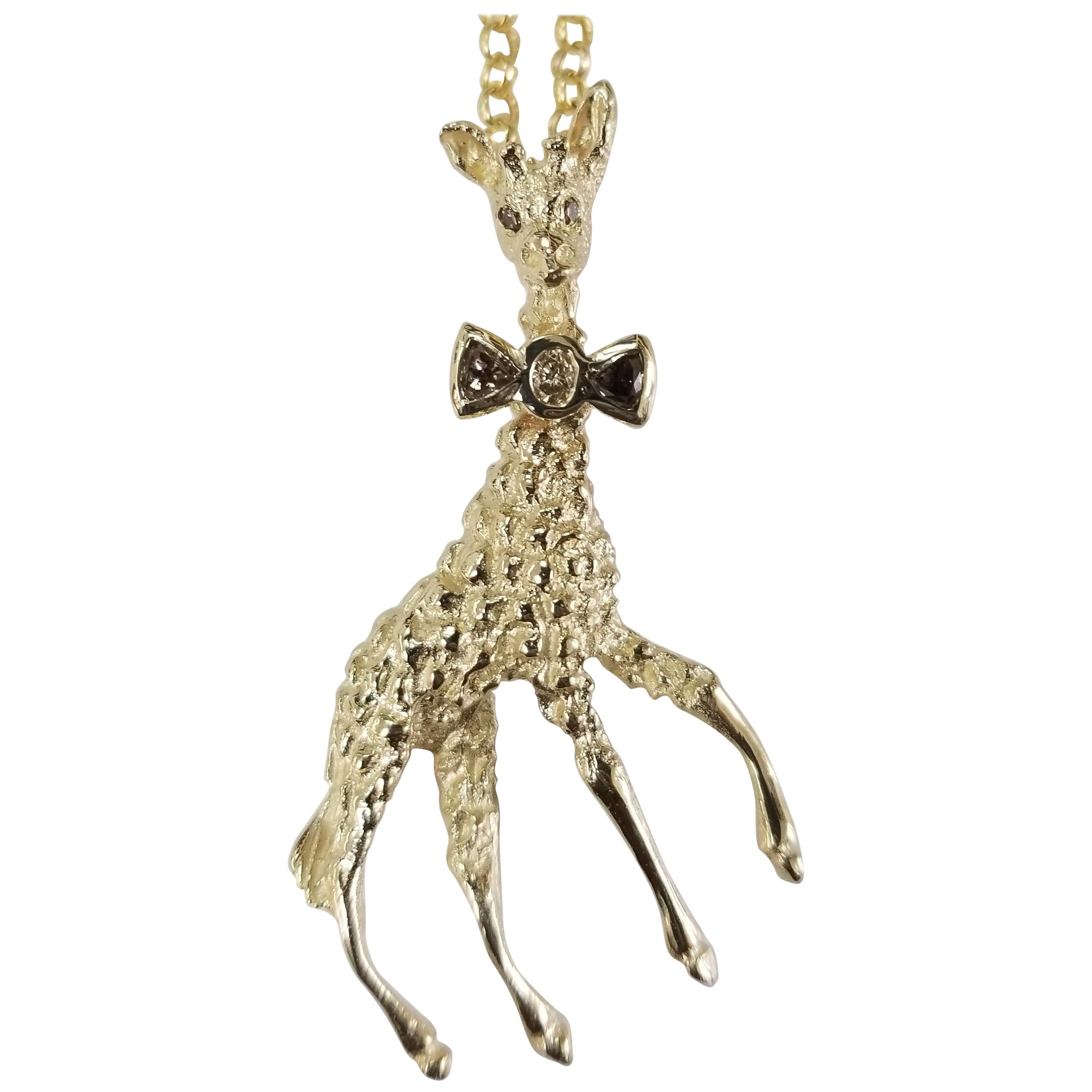 14 Karat Gelbgold Diamant-Schleifenkrawatte-Anhänger „Giraffe“ mit Schleife im Angebot