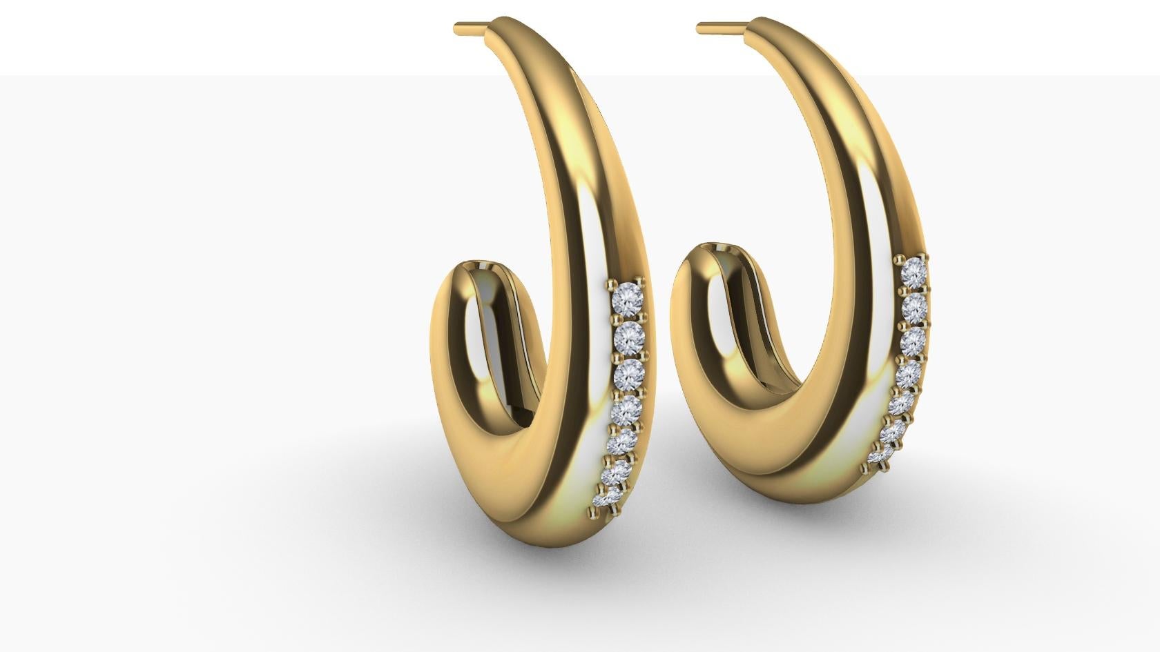 Contemporain Boucles d'oreilles en forme de larme en or jaune 14 carats avec diamants en forme de C-Hoop en vente