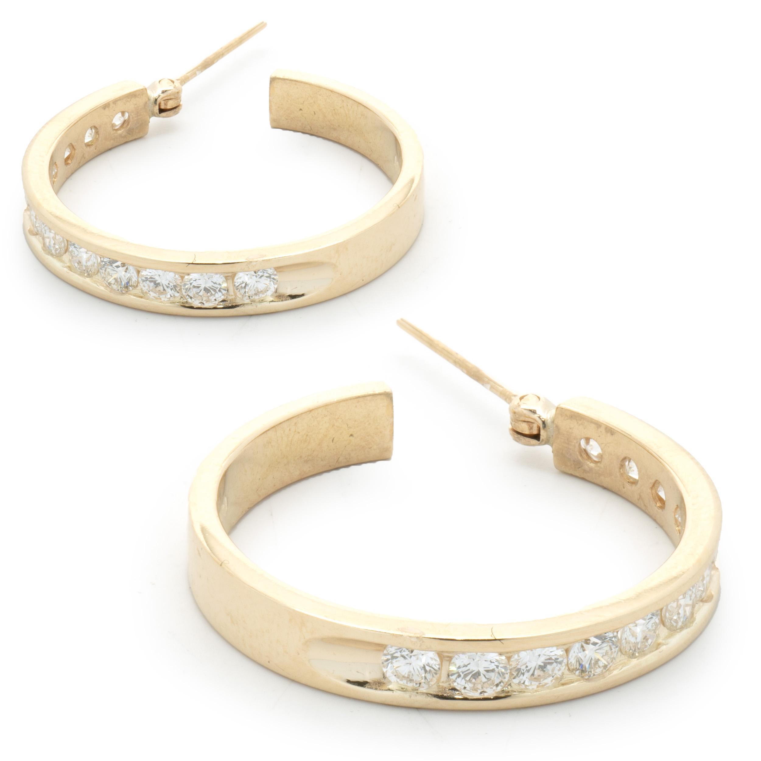 Round Cut 14 Karat Yellow Gold Diamond Channel Set Hoop Earrings For Sale