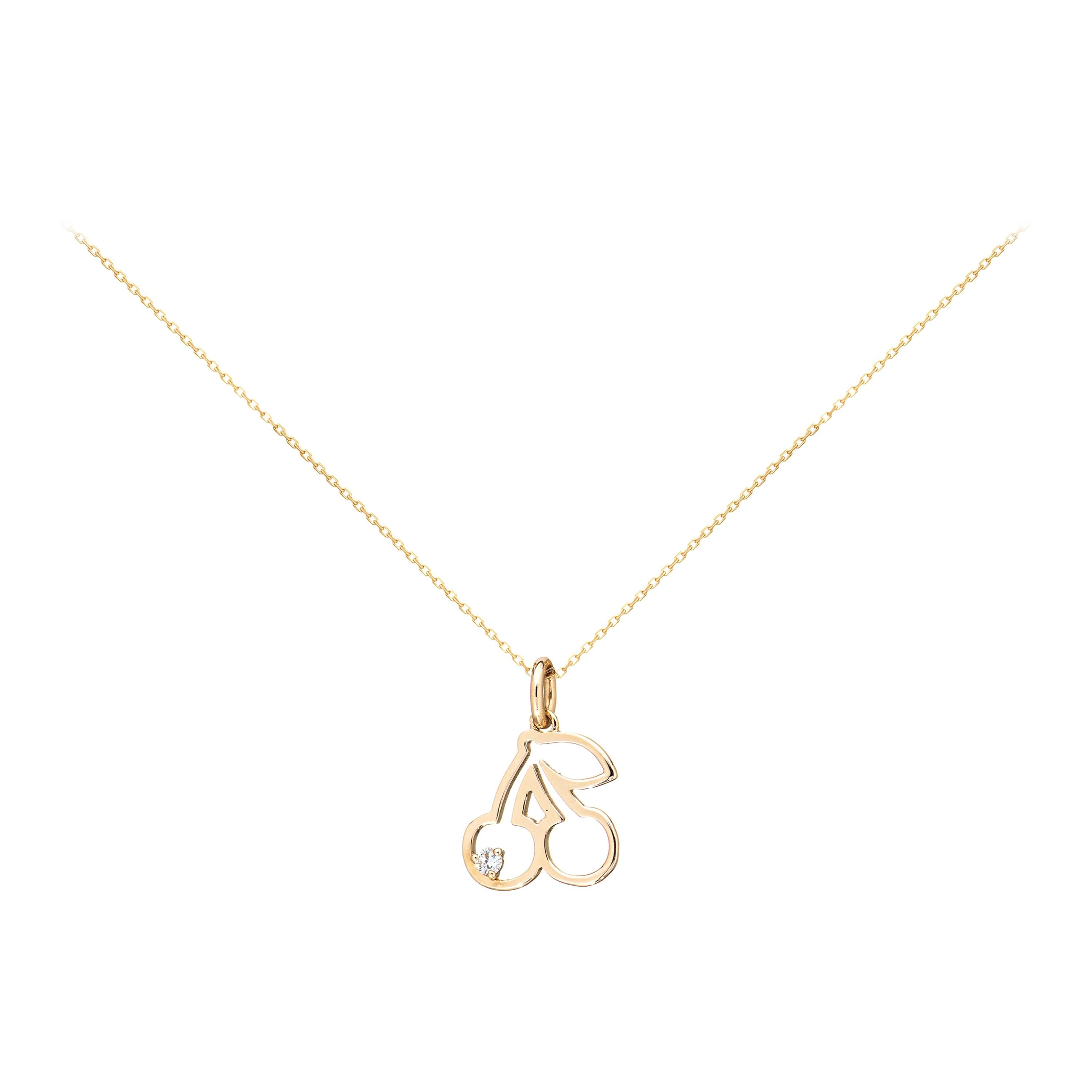 14 Karat Yellow Gold Diamond Cherry Necklace For Sale