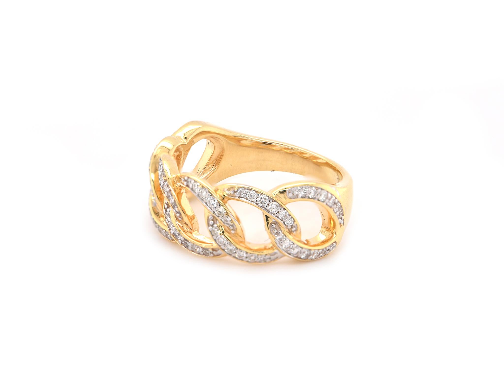 Designer: custom
Material: 14K yellow gold
Diamonds: 72 round cut = 1.00cttw
Color: G
Clarity: VS2
Size: 6.5 (please allow two additional shipping days for sizing requests)  
Dimensions: ring measures 8.14mm in width
Weight: 5.58 grams
