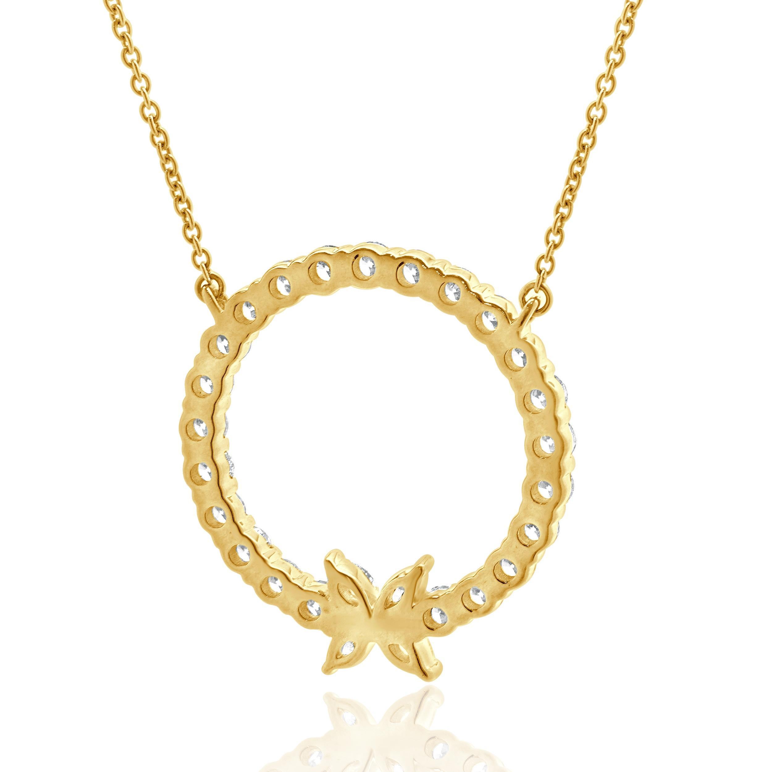 Designer: custom
Material: 14K yellow gold
Diamonds: 23 round brilliant cut = 1.52cttw
Color: G/H
Clarity: VS-SI1
 Diamonds: 4 marquise cut = 0.21cttw
Color: G/H
Clarity: VS-SI
Dimensions: necklace measures 18-inches in length
Weight: 5.84 grams