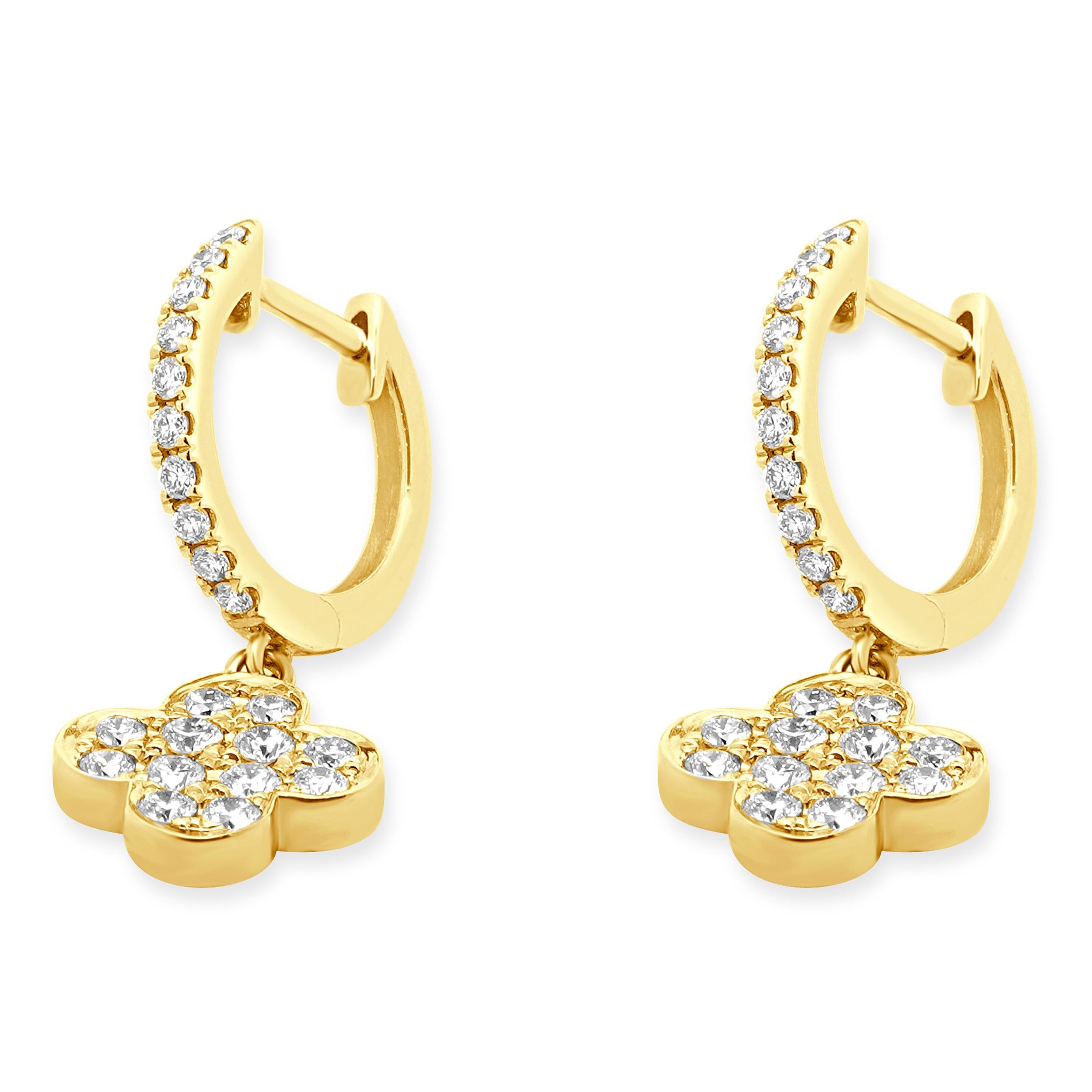 Boucles d'oreilles pendantes trèfle en or jaune 14 carats avec diamants Excellent état - En vente à Scottsdale, AZ