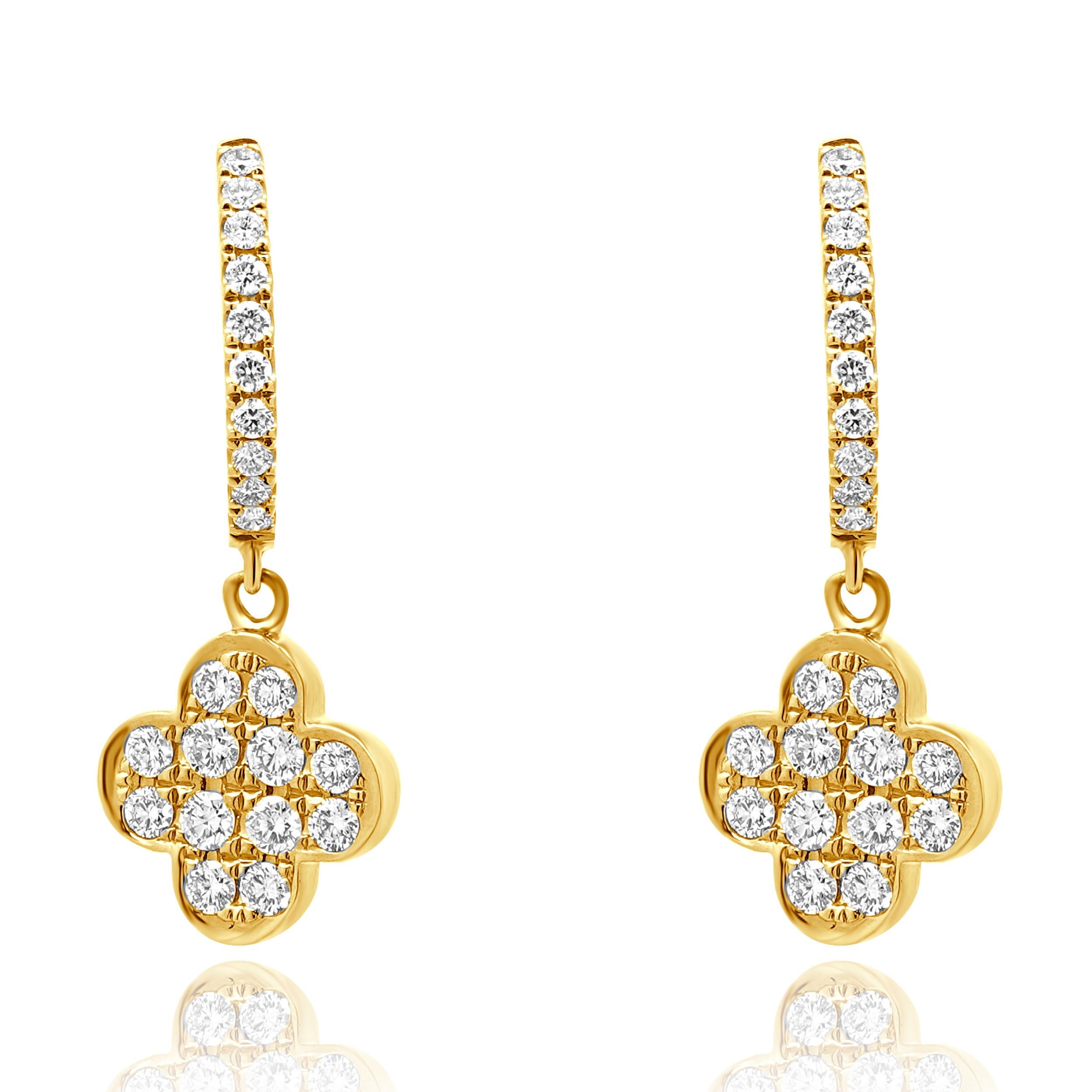 Orecchini a goccia in oro giallo 14 carati con diamante e trifoglio