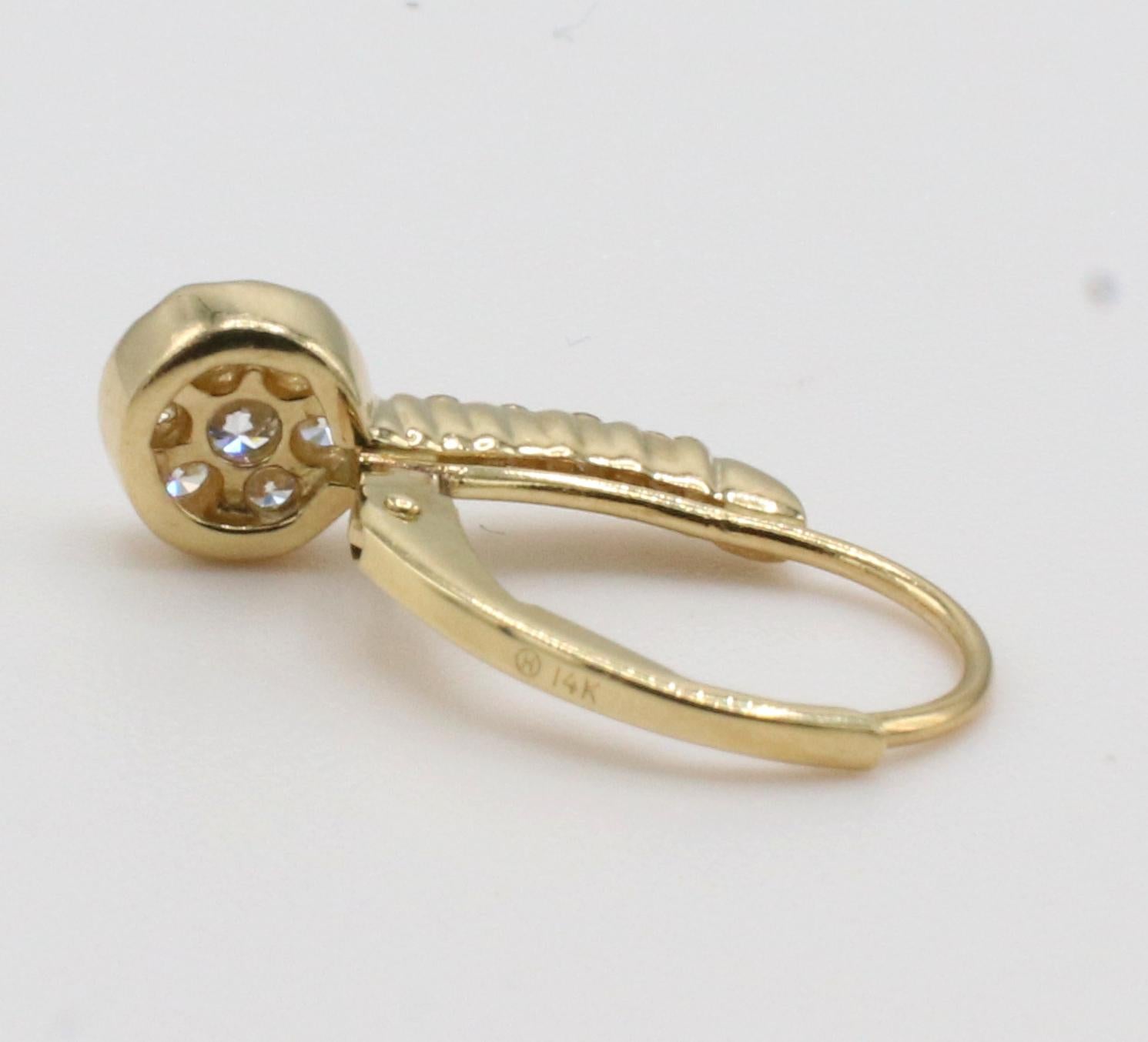 Round Cut 14 Karat Yellow Gold Natural Diamond Cluster Drop Earrings