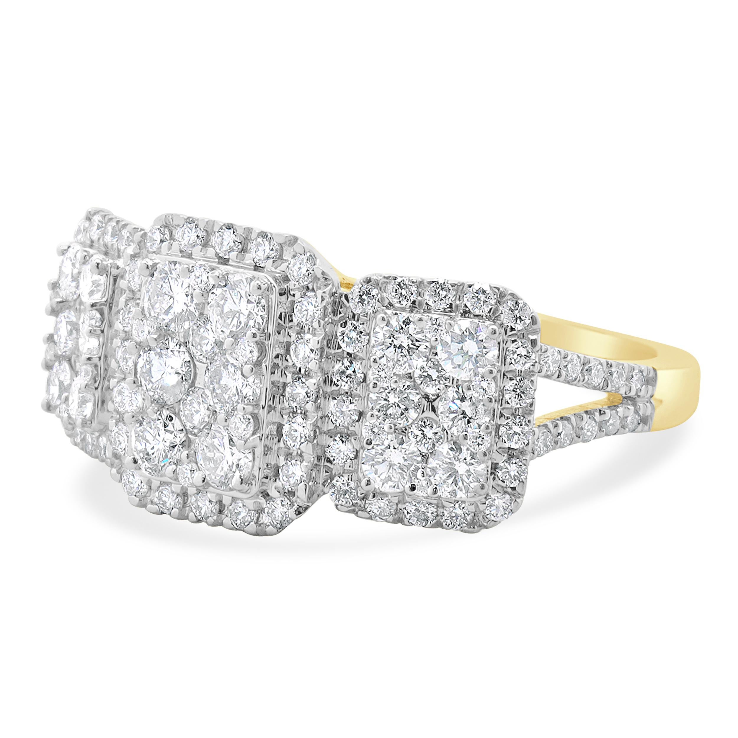 Designer: custom
Material: 14K yellow gold
Diamond: 142 round brilliant cut = 2.40cttw
Color: G 
Clarity: SI2
Dimensions: ring top measures 11mm wide
Ring Size: 6.25 (complimentary sizing available)
Weight: 4.39 grams
