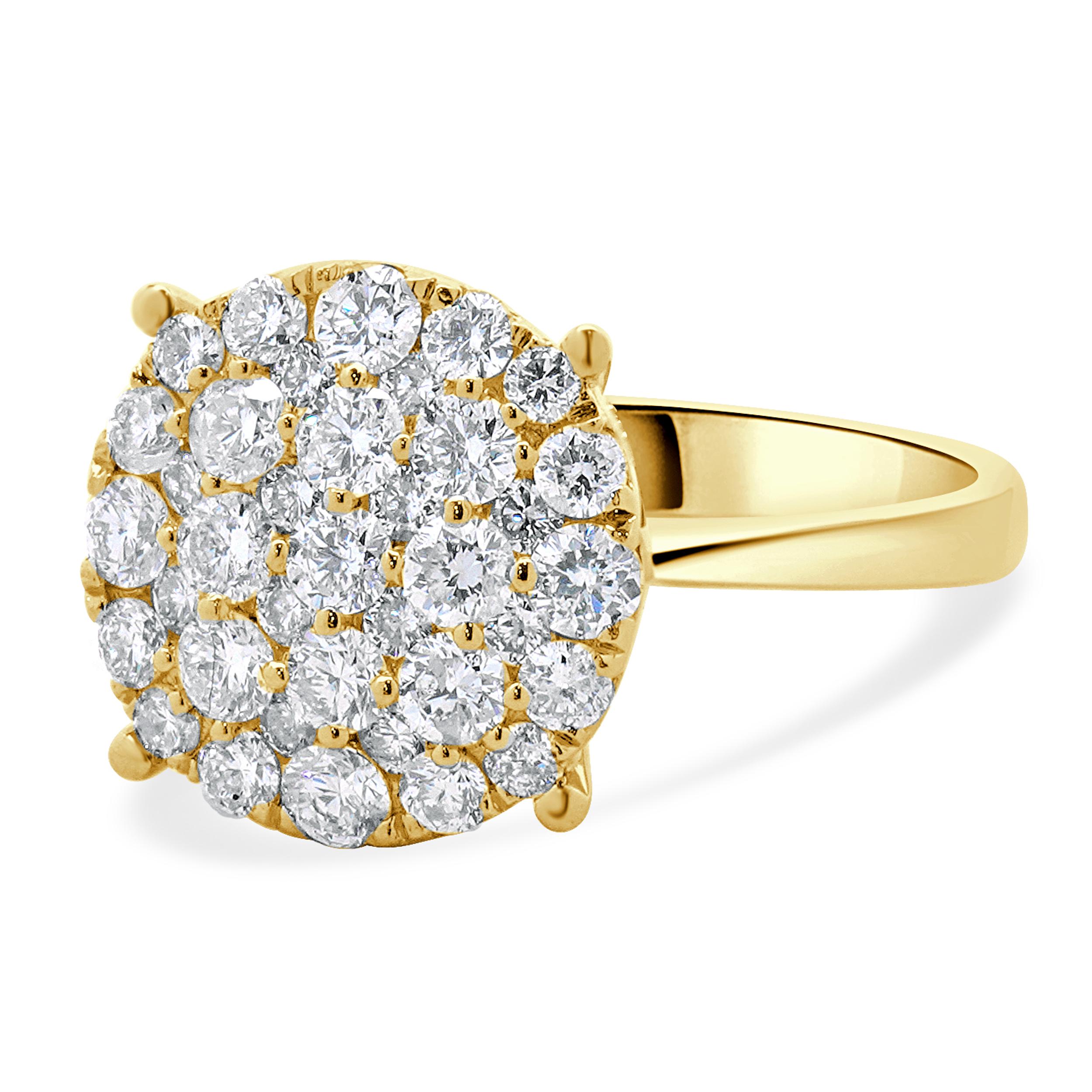 Designer: custom
Material: 14K yellow gold
Diamond: 40 round brilliant cut = 1.20cttw
Color: G 
Clarity: SI2-I1
Dimensions: ring top measures 11.4mm wide
Ring Size: 6 (complimentary sizing available)
Weight: 2.85 grams
