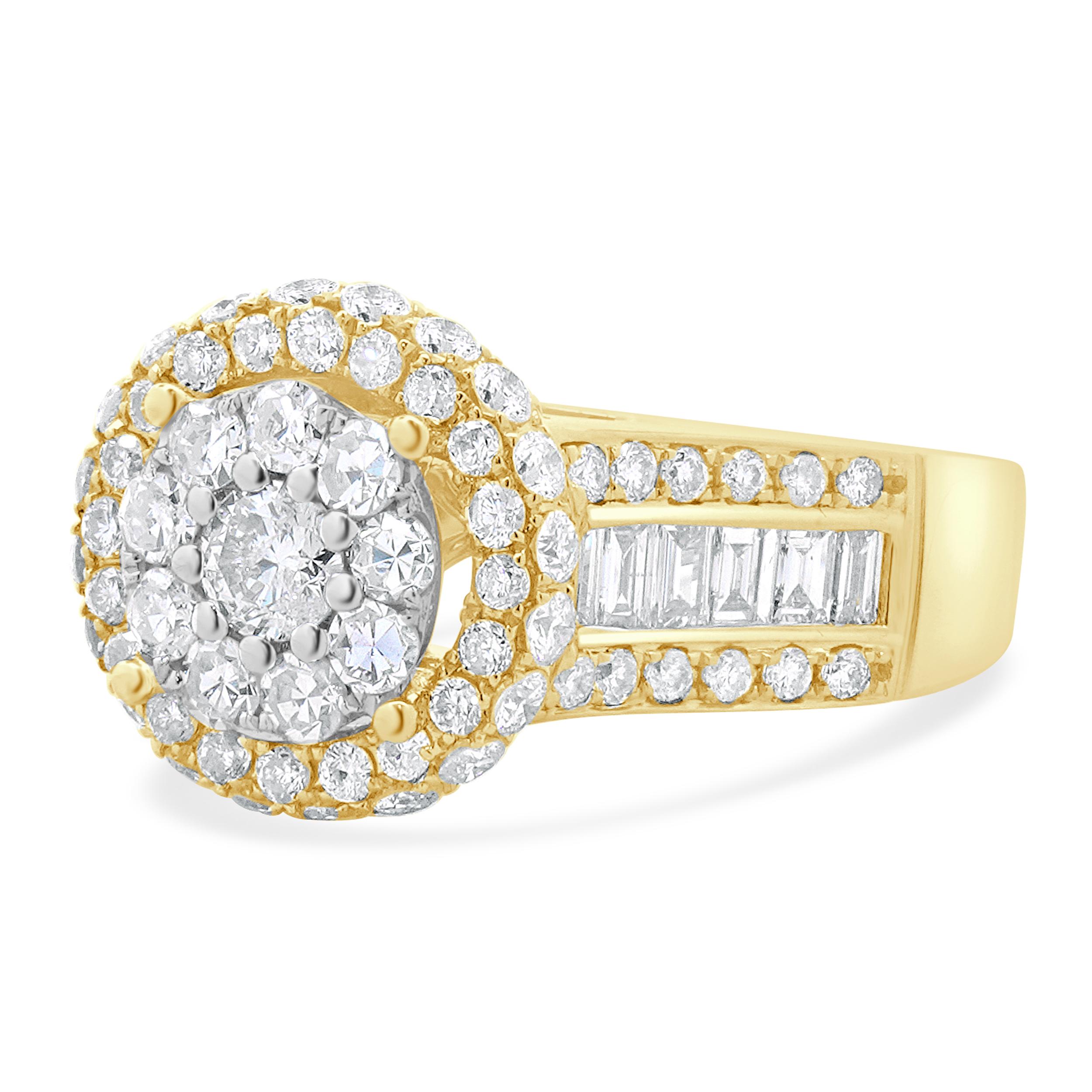 Designer: custom
Material: 14K yellow gold
Diamond: 95 round brilliant cut = 1.98cttw
Color: G / H
Clarity: VS-SI2
Dimensions: ring top measures 11.4mm wide
Ring Size: 6 (complimentary sizing available)
Weight: 4.14 grams
