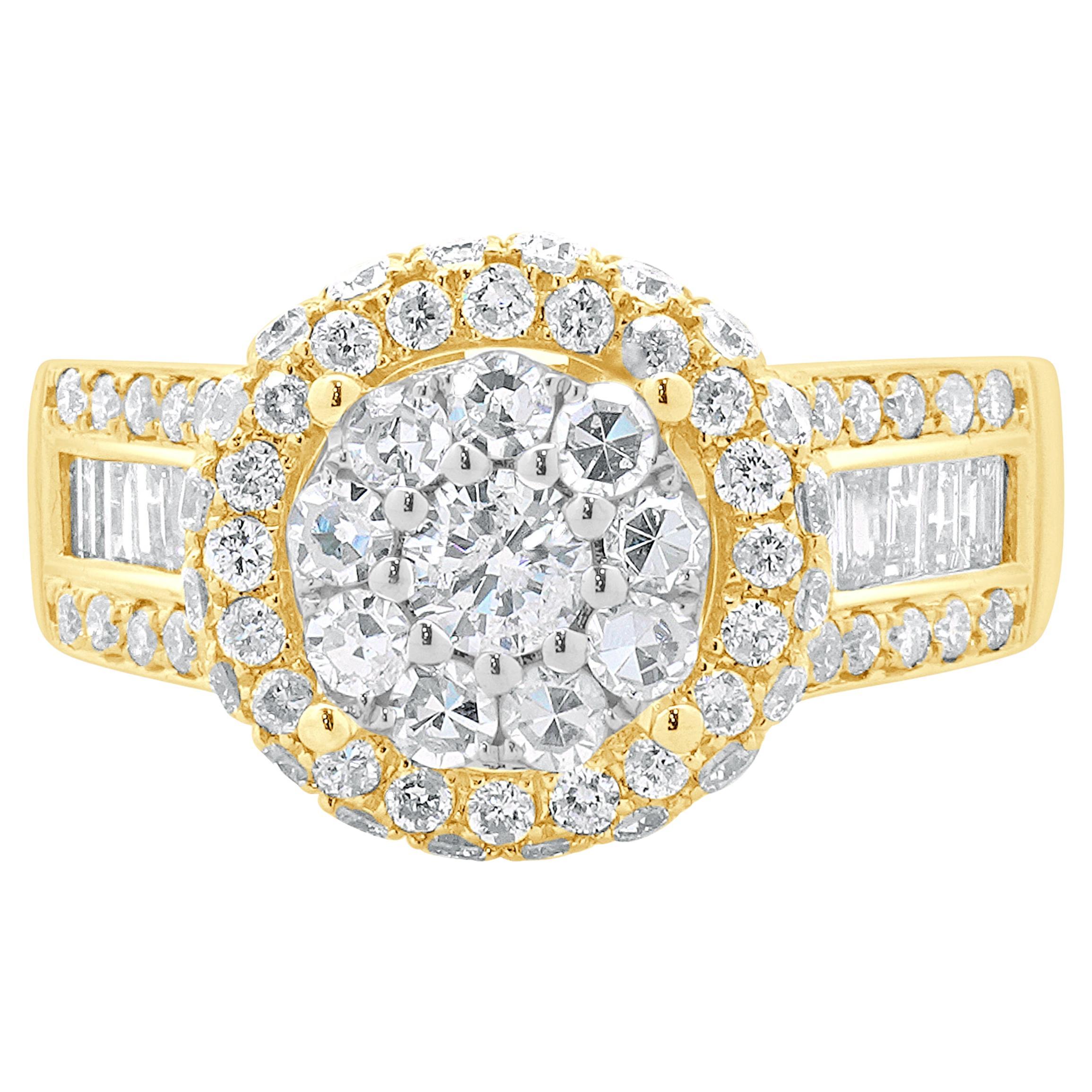 14 Karat Yellow Gold Diamond Cluster Engagement Ring For Sale