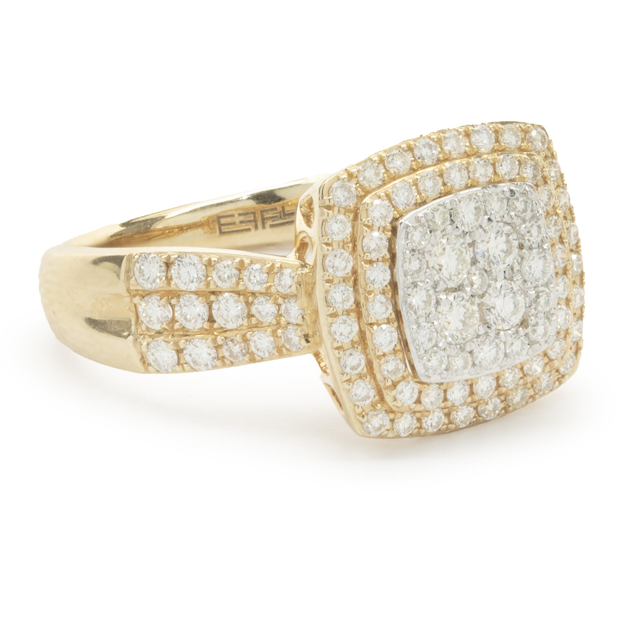 Designer: custom design
Material: 14K yellow gold
Diamonds: 80 round brilliant cut = 1.00cttw
Color: H
Clarity: SI1
Dimensions: ring top measures 12mm wide
Size: 7
Weight: 4.00 grams
