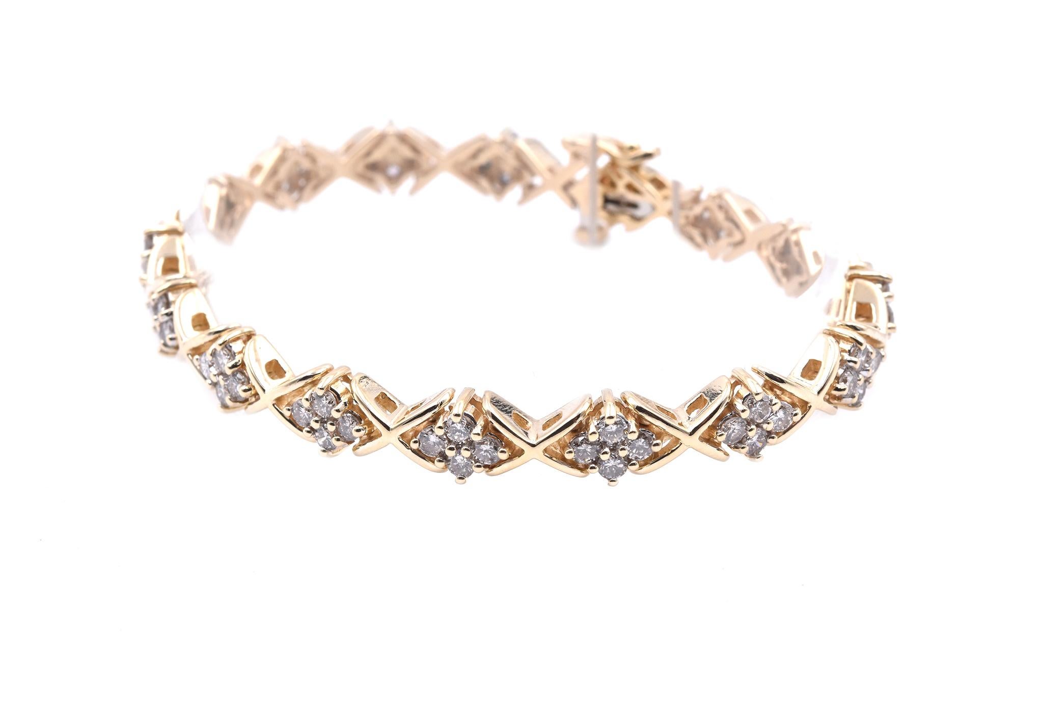 Designer: custom
Material: 14K Yellow Gold
Round Diamonds: 64 round brilliant cuts = 3.20cttw
Color: H
Clarity: SI1-2
Dimensions: the bracelet measures 7.5-inches in length 
Weight: 24.45 grams