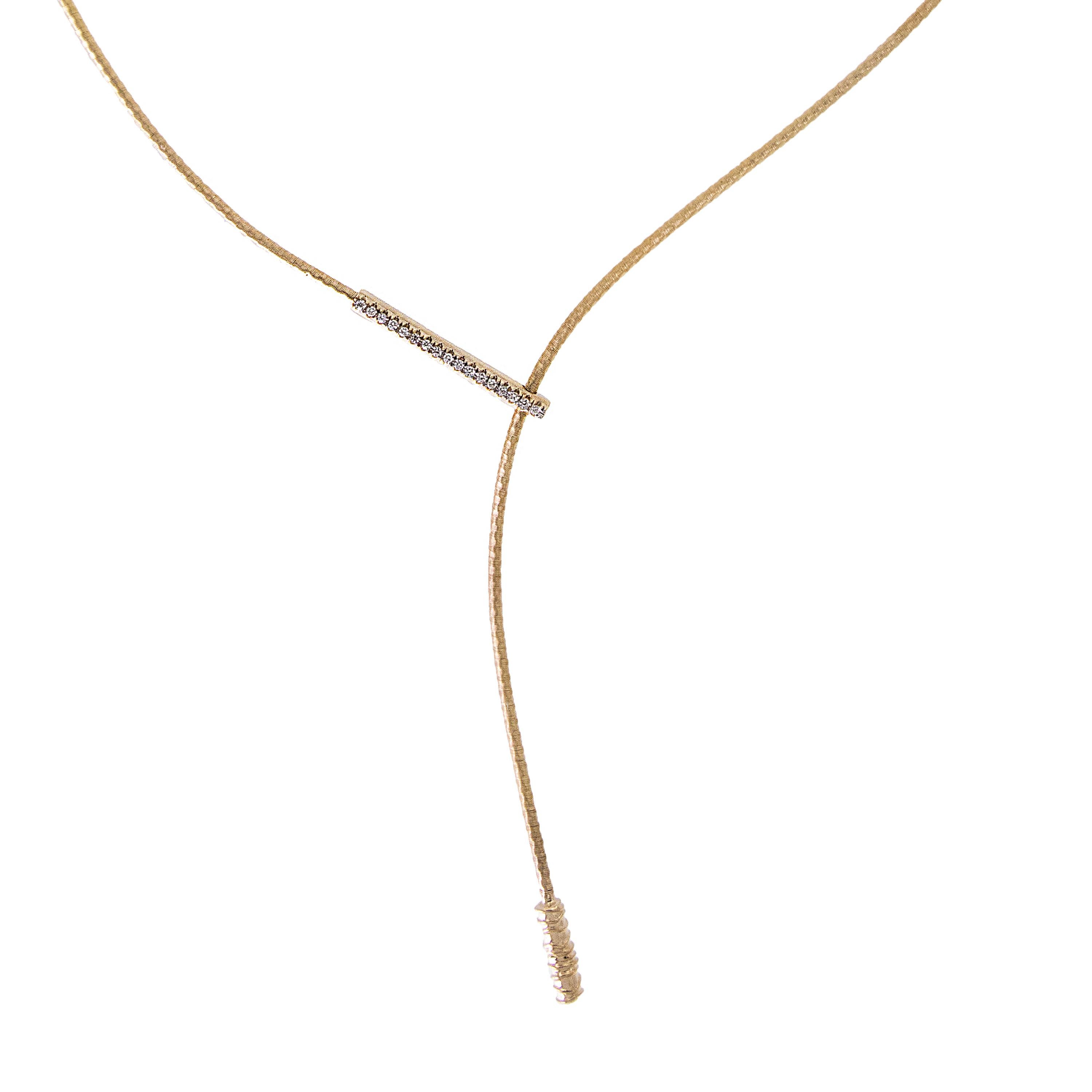 Update your look with this on trend lariat necklace made with 14 karat yellow gold silky mesh 