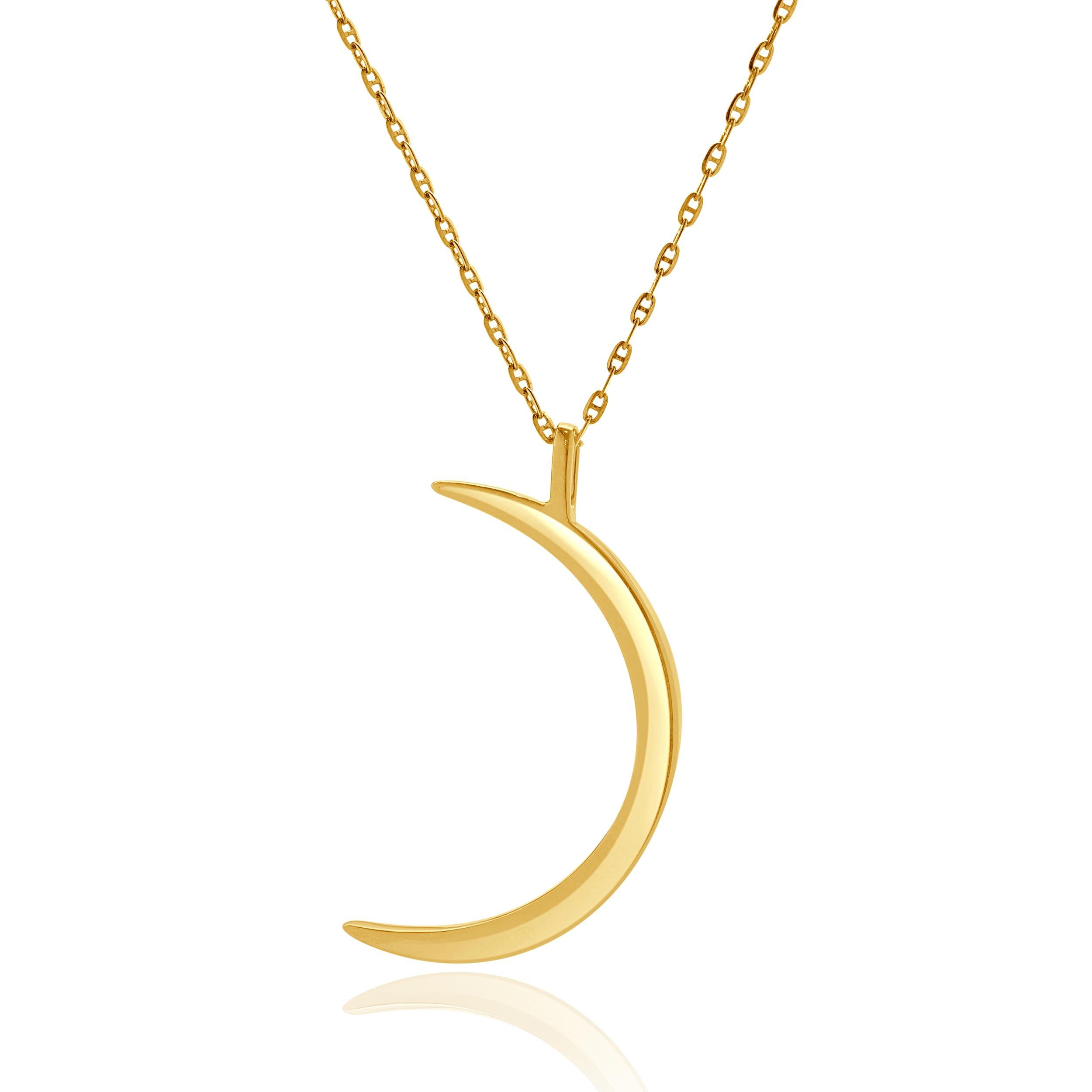 Round Cut 14 Karat Yellow Gold Diamond Crescent Moon Necklace For Sale