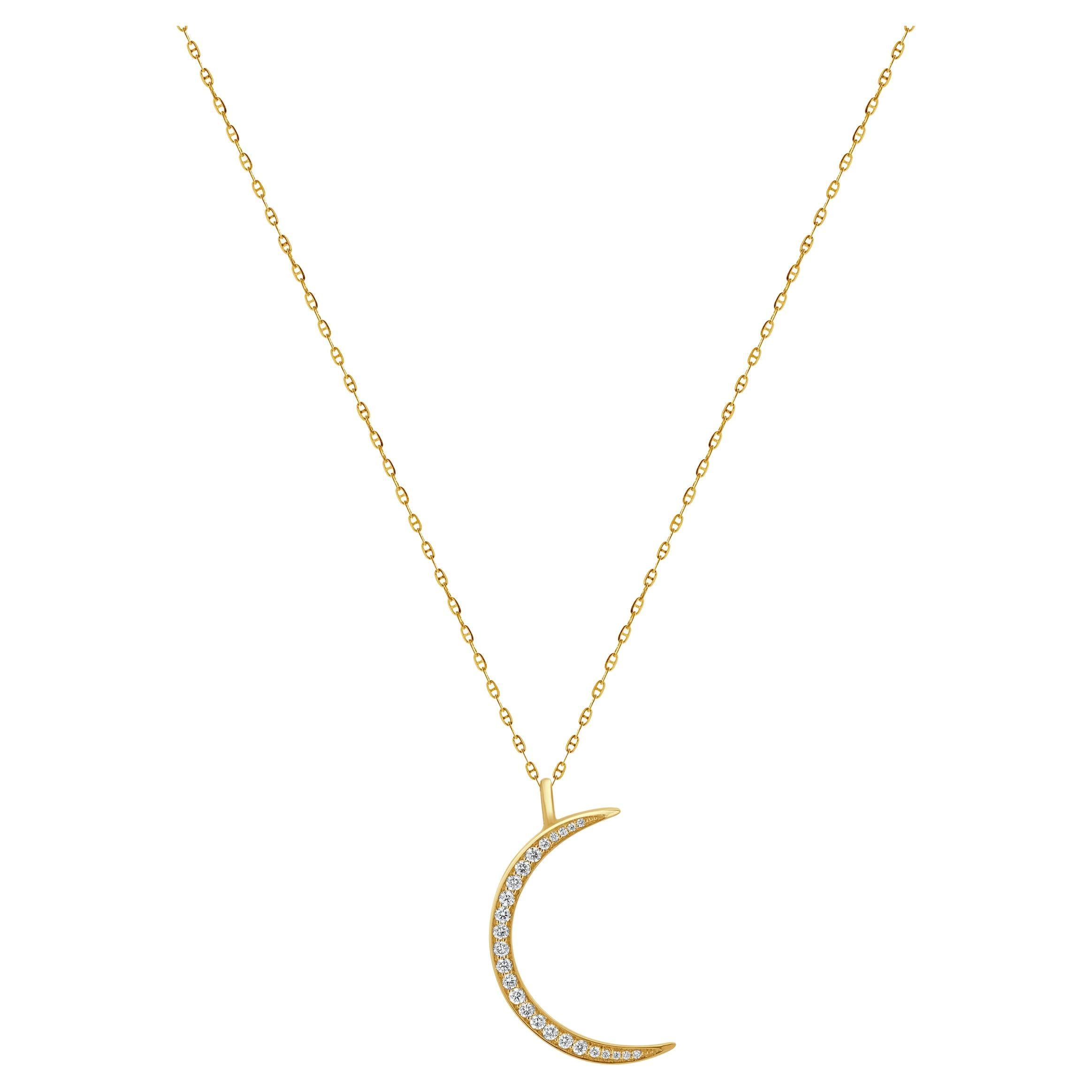 14 Karat Yellow Gold Diamond Crescent Moon Necklace For Sale