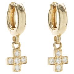 14 Karat Yellow Gold Diamond Cross Huggie Hoop Earrings