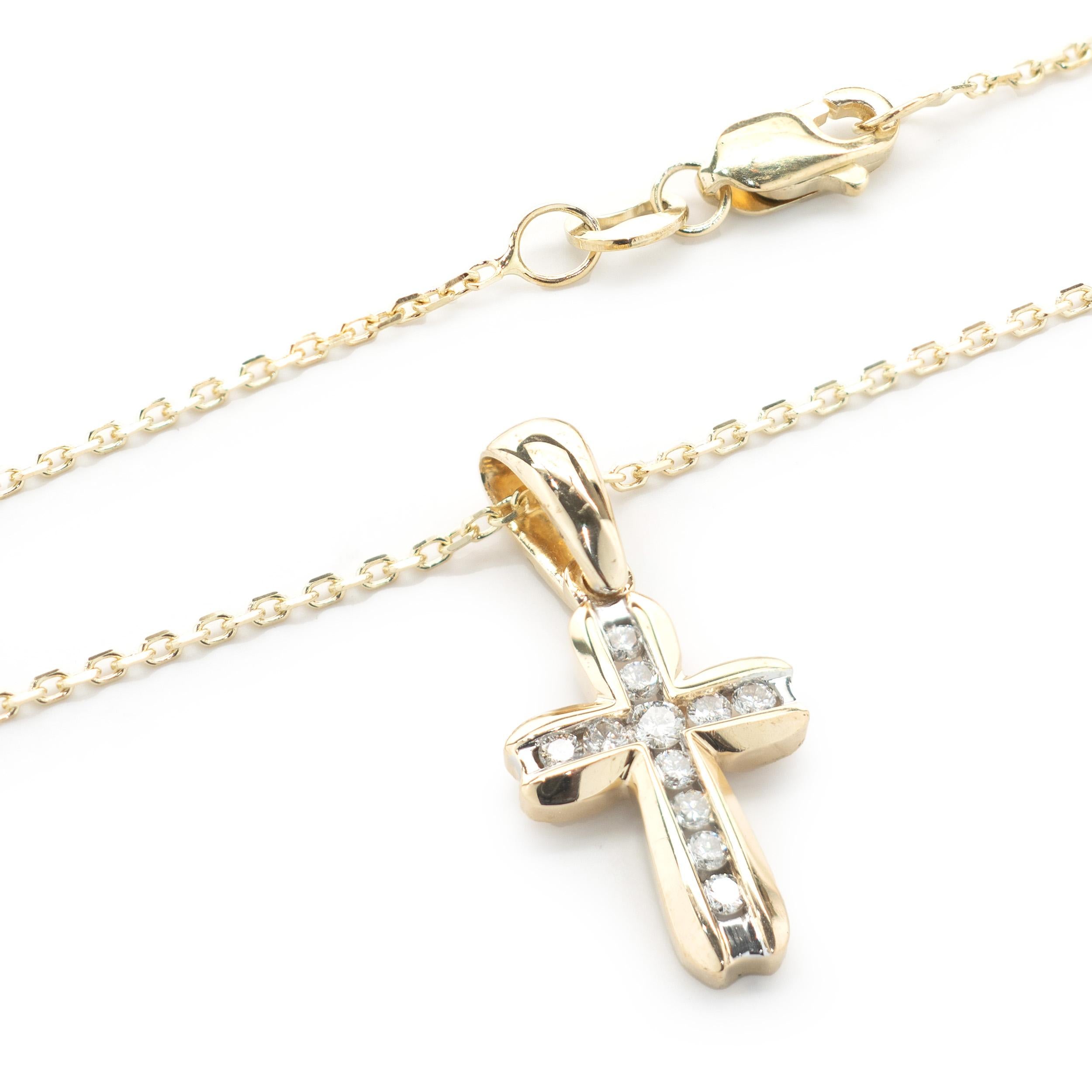 Designer: custom design
Material: 14K yellow gold
Diamond: 11 round = 0.12cttw
Color: H
Clarity: SI1
Dimensions: necklace measures 18-inches in length 
Weight: 1.50 grams
