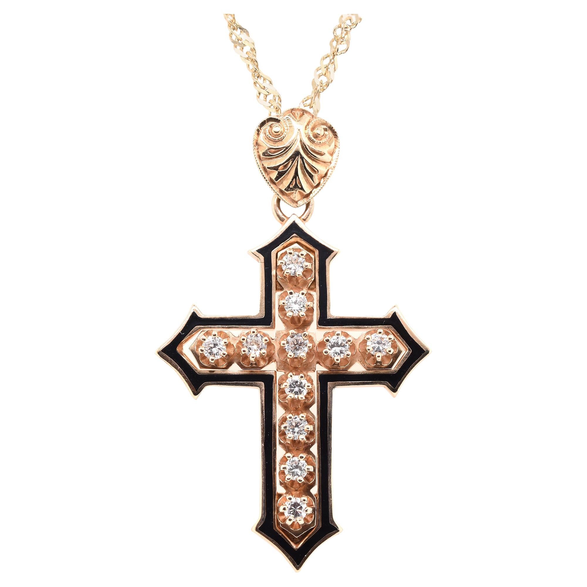 14 Karat Yellow Gold Vintage Diamond Cross Necklace