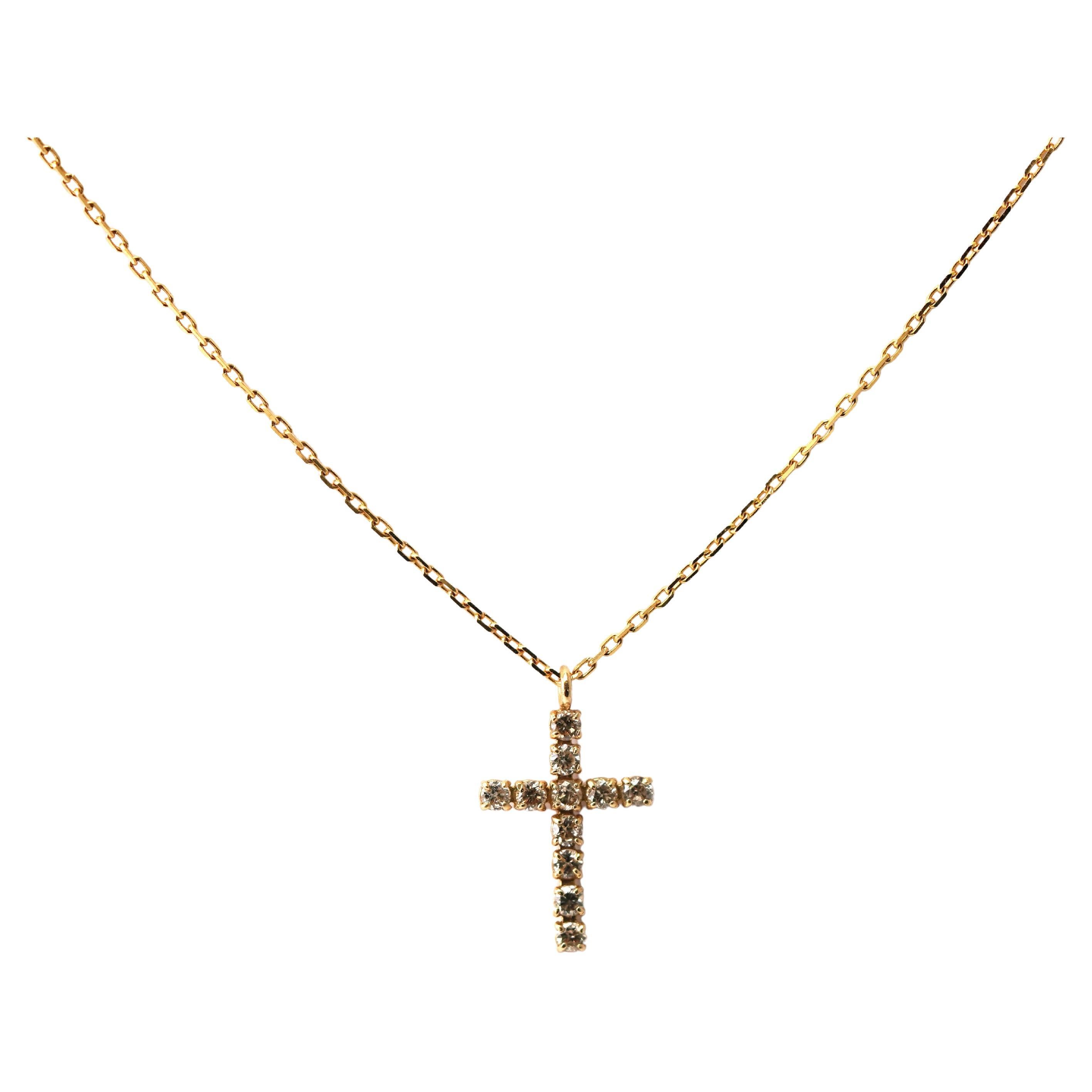 14 Karat Yellow Gold Diamond Cross Necklace