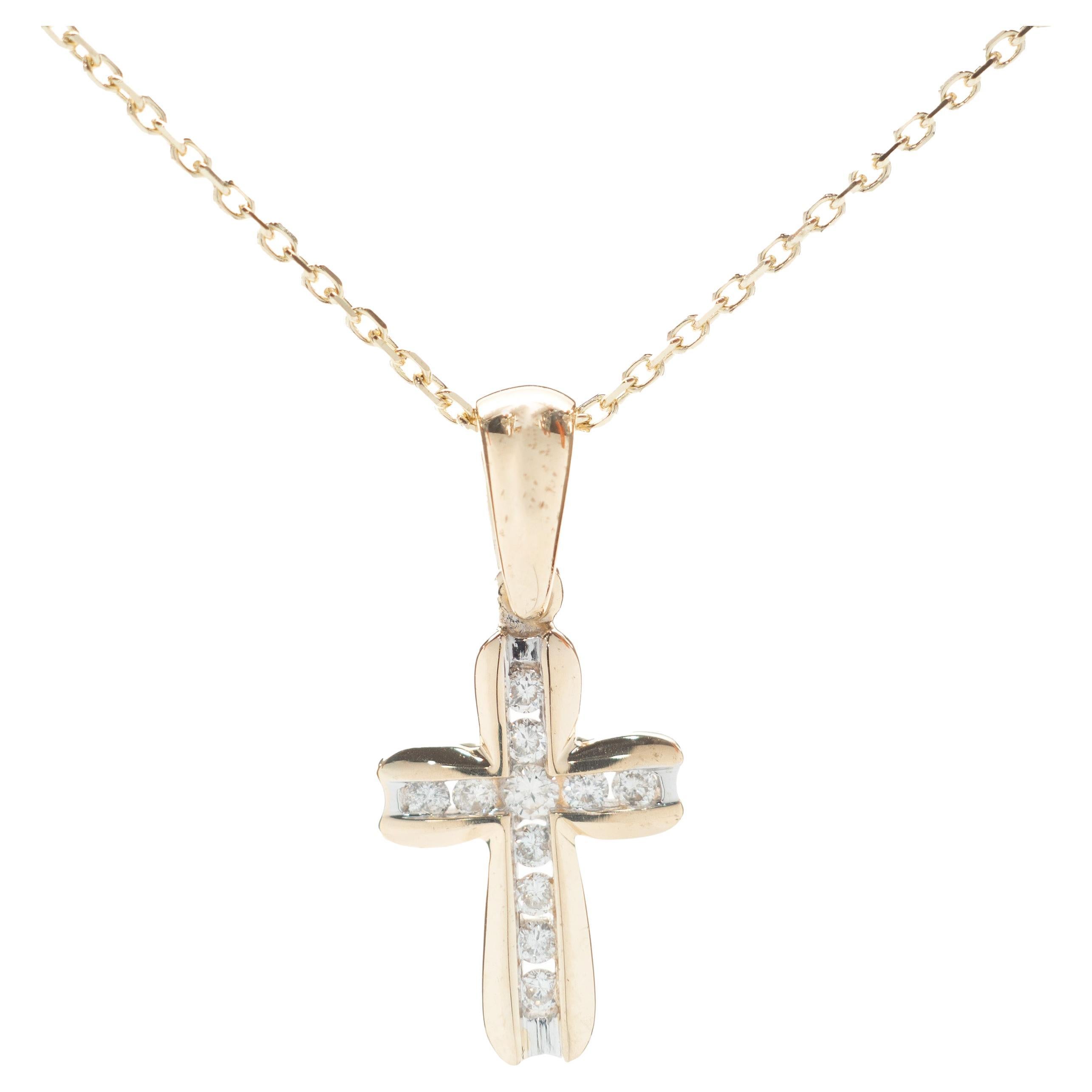 14 Karat Yellow Gold Diamond Cross Necklace